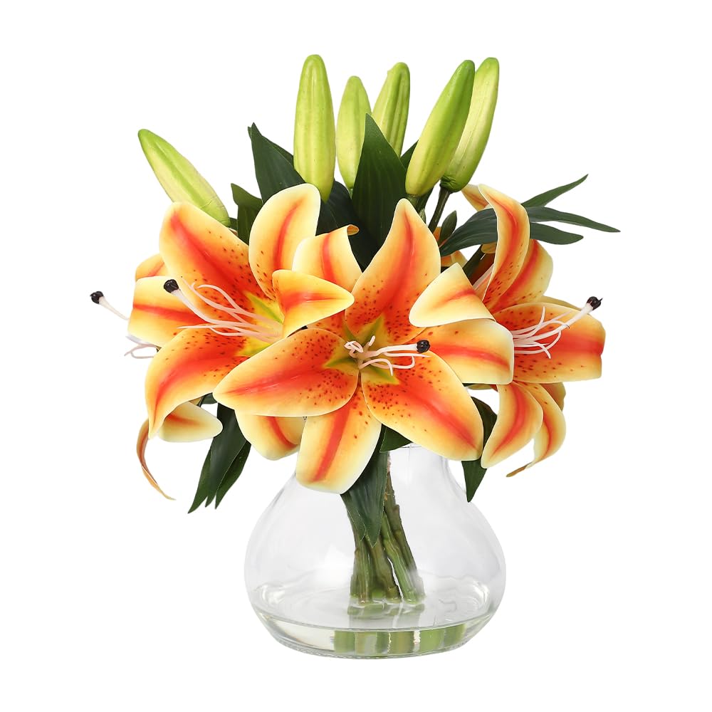 artificial orange tiger lily flowers Garvee Artificial Tiger Lily Flowers 6 Stems with Glass Vase for Home
