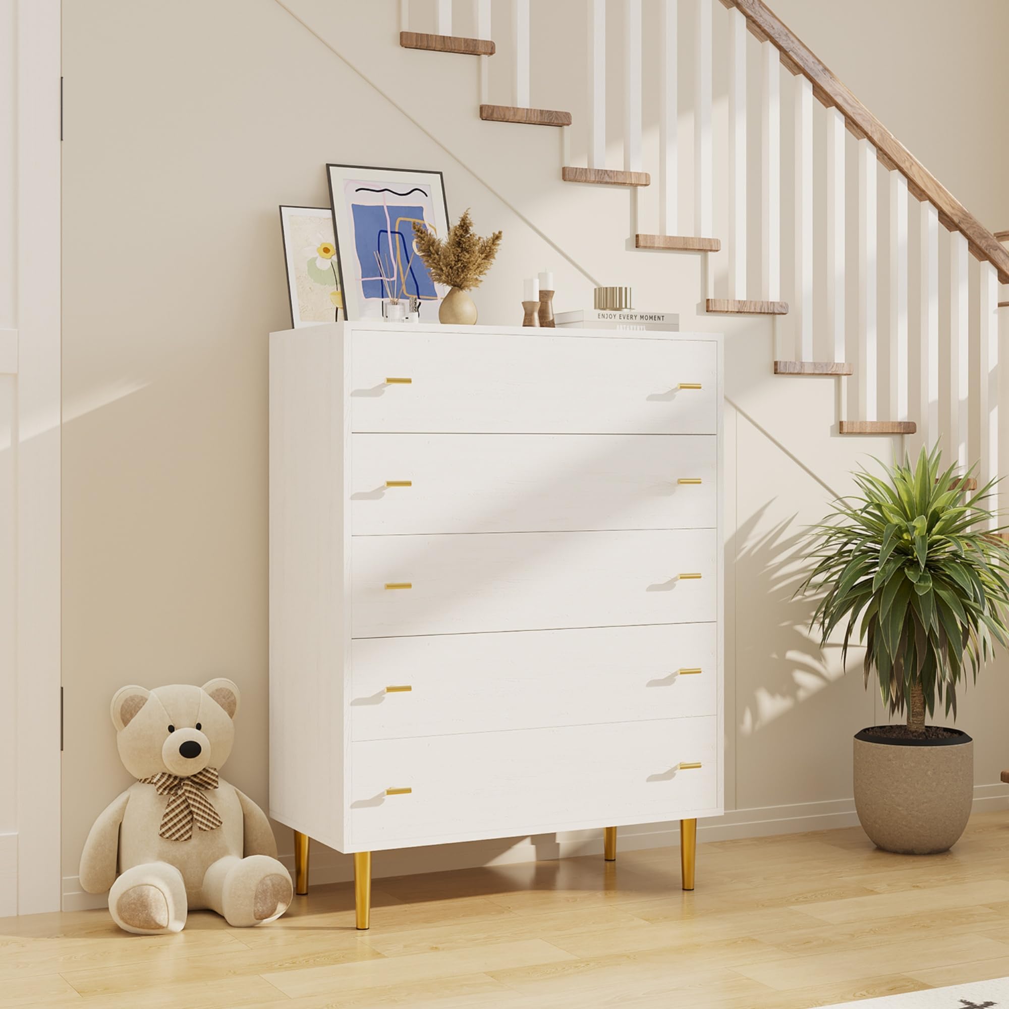 rustic dresser white Garvee Farmhouse 5 Drawers Dresser White Wood Rustic Chest for Bedroom