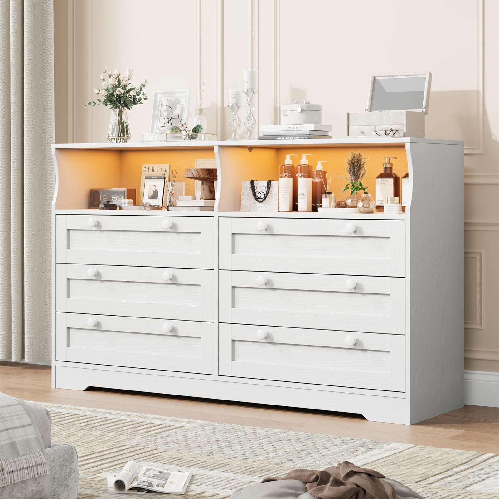 Garvee 6 Drawer Dresser with RGB LED Lights & Power Outlet, Modern Woo