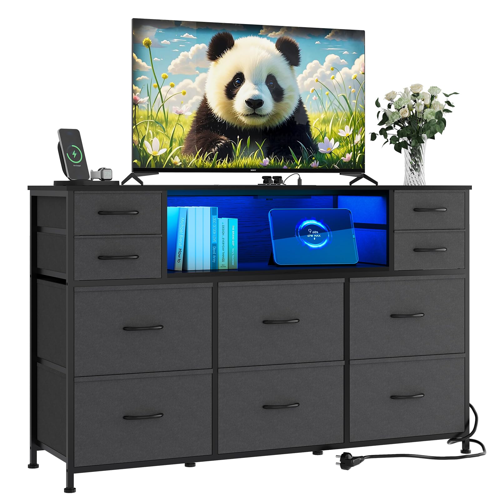 Commode 10 Tiroirs En Tissu, Meuble TV Multifonction Avec Ports USB, Éclairage LED, Rangement Pour Écrans Jusqu'à 75 Pouces - Maison