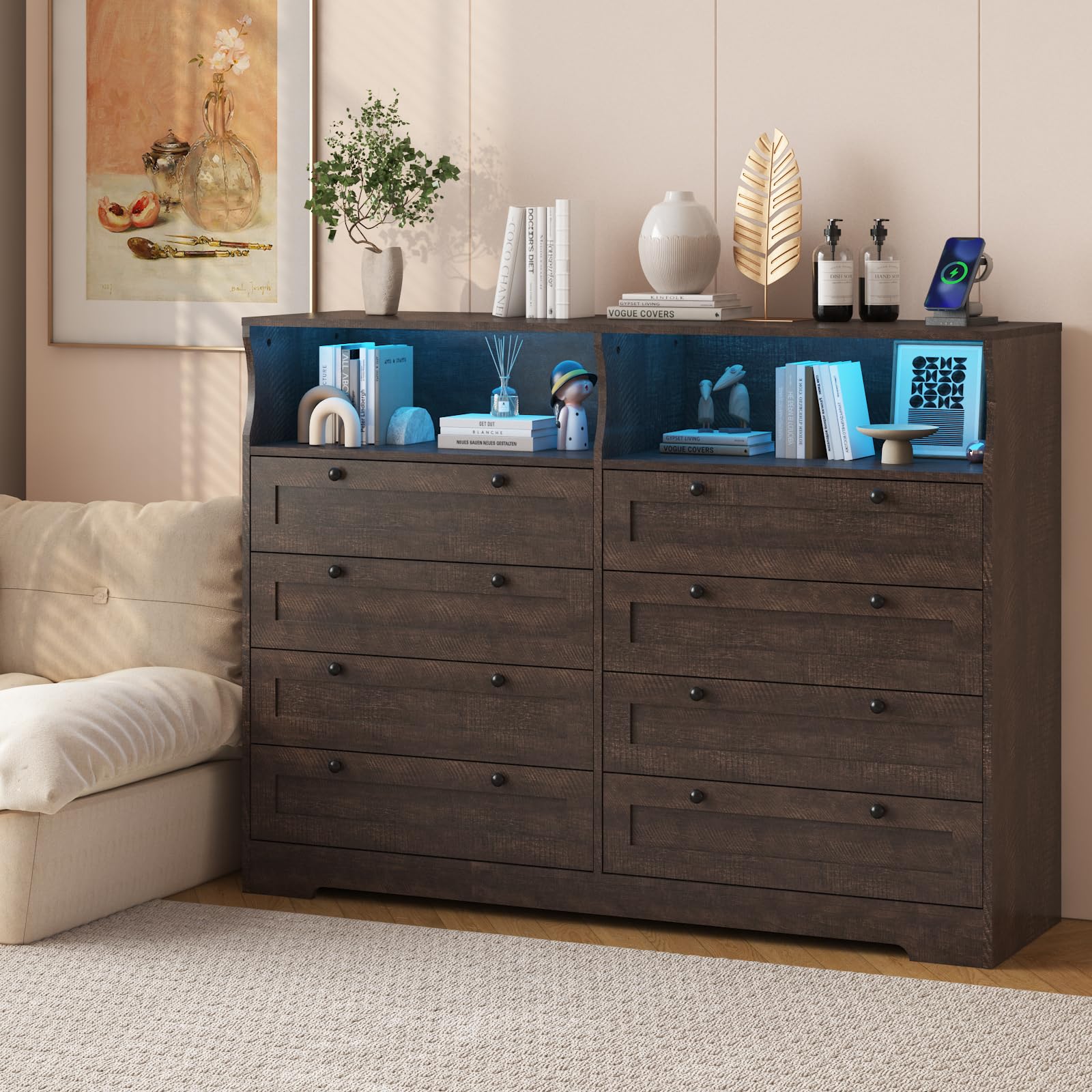 24 inch wide dresser Garvee 8-Drawer Dresser with Power Outlets and LED Lights, Modern Rust