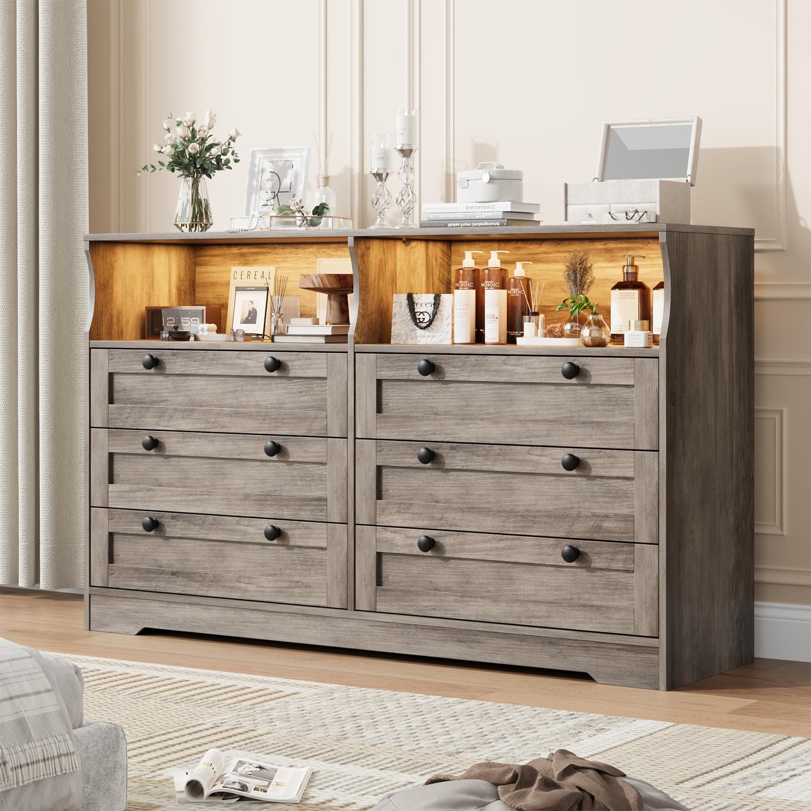 Garvee Grey 6 Drawer Dresser With Power Outlet And LED Lights For Bedr