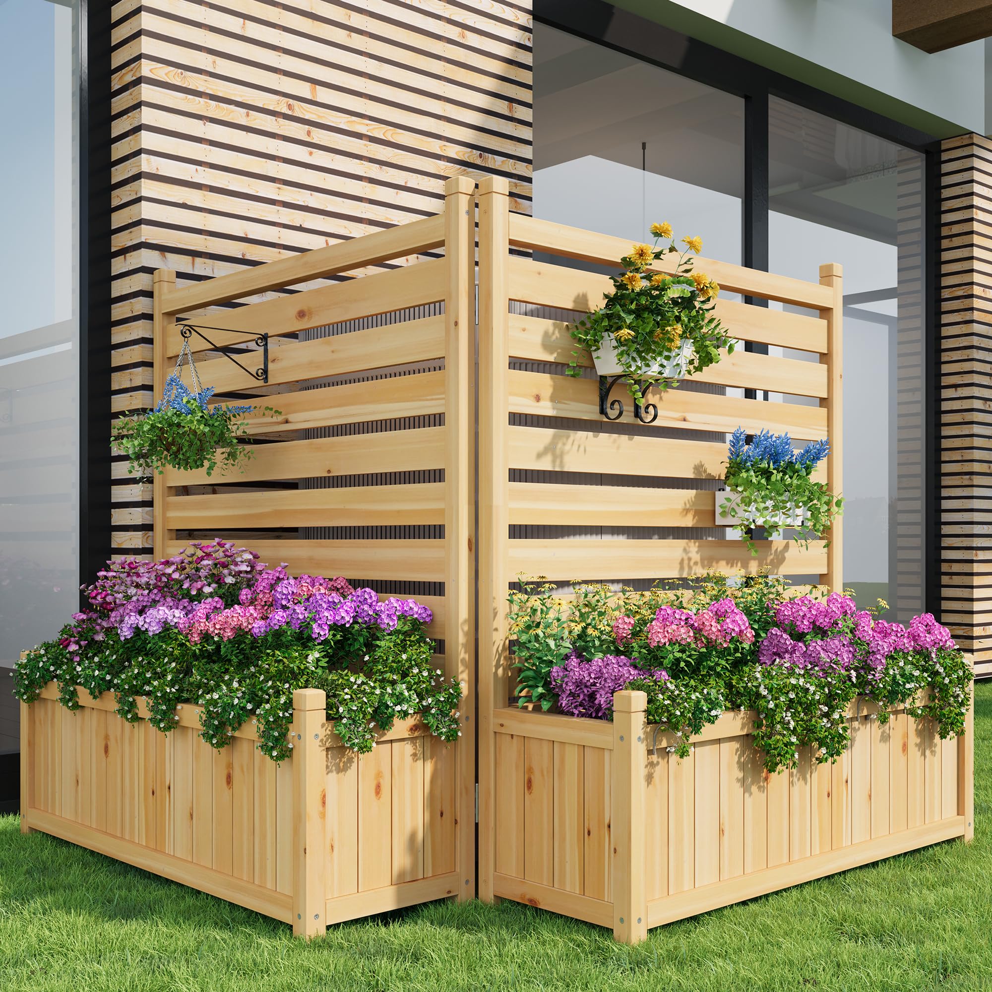 freestanding trellis planter Garvee 22x40 Inch Outdoor Wood Privacy Fence Panels with Planter Box, Sturdy Freestanding Design, Weather-Resistant, 2-Panel AC Unit Screen for Yard, Patio & Pool, Natural Wood, Brown