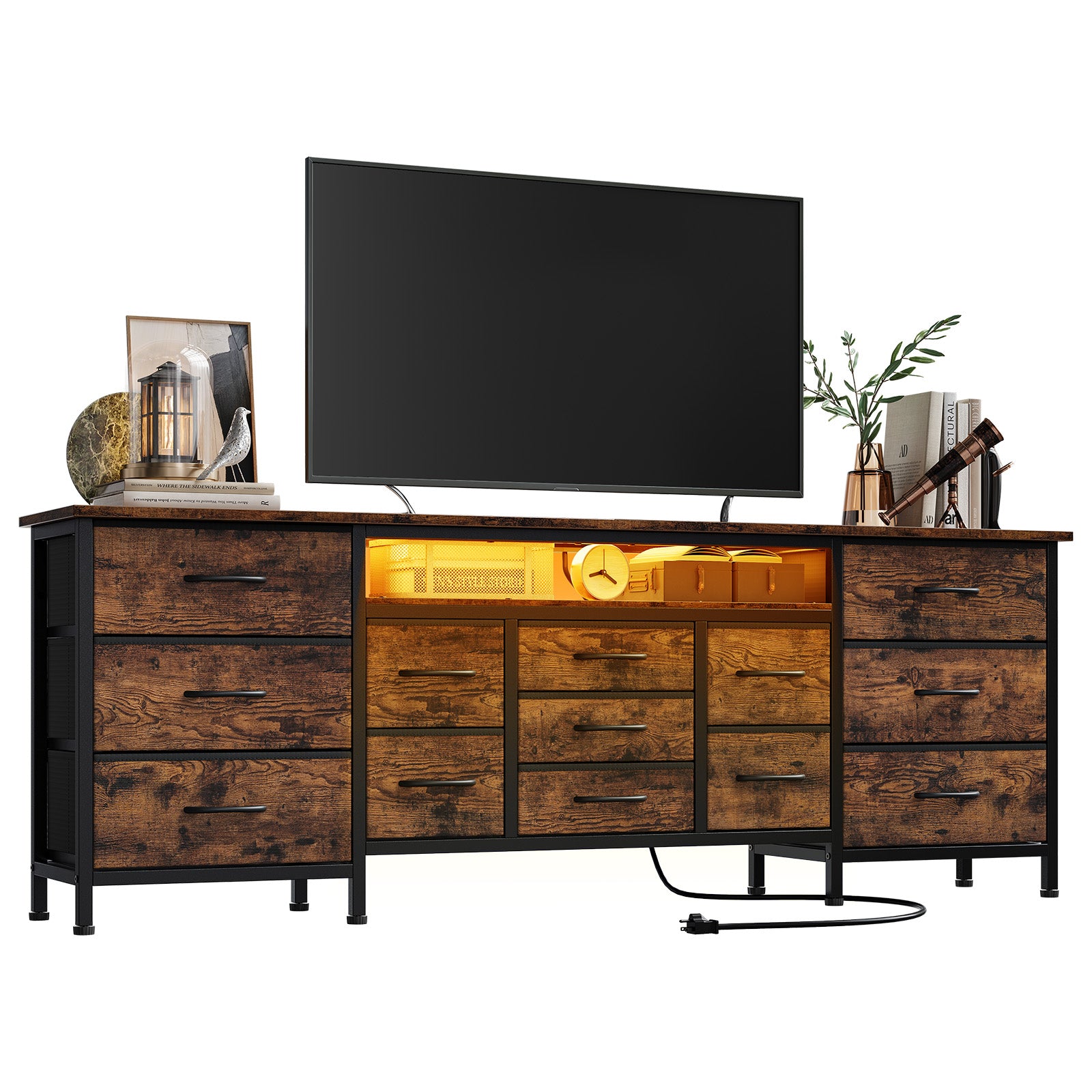 Garvee 70 Inch Fabric Dresser With 13 Drawers, TV Stand For 65-80 Inch TV,  Power Outlet & LED Light, Large Bedroom Entertainment Center, Wide Chest Of  Drawers