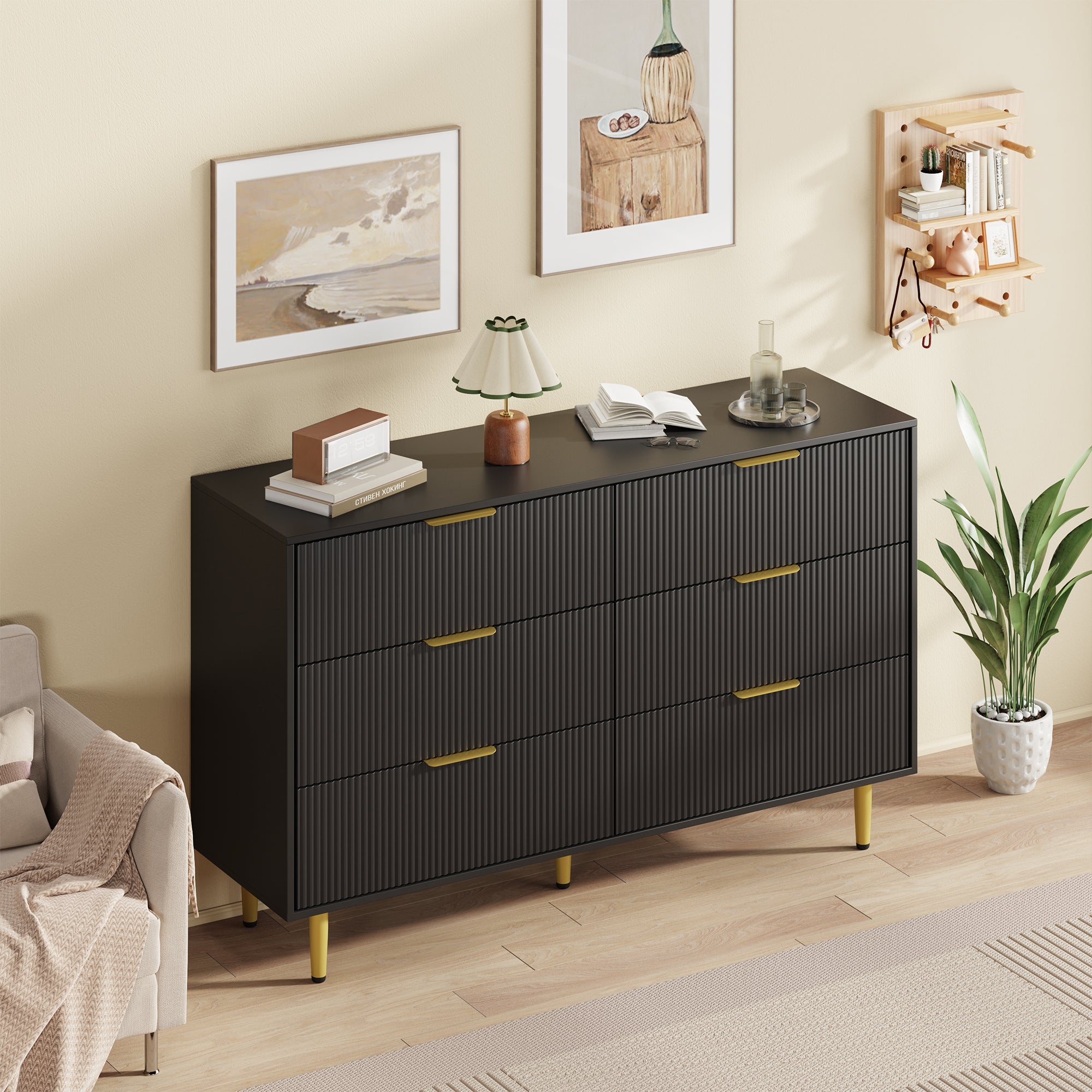 Garvee 6 Drawer Dresser Black Fluted Modern Bedroom Wide Wooden Chest Garvee 6 Drawer Dresser Black Fluted Modern Bedroom Wide Wooden Chest