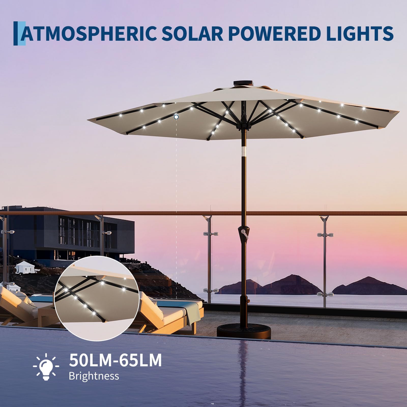 1 outdoor patio market umbrella with solar power led lights Garvee 10FT Solar Patio Umbrella with 32 LED Lights Waterproof Outdoor  Market Table Parasol Crank Lift Push Button Tilt 8 Sturdy Ribs UV  Protection EU4 Neutral White