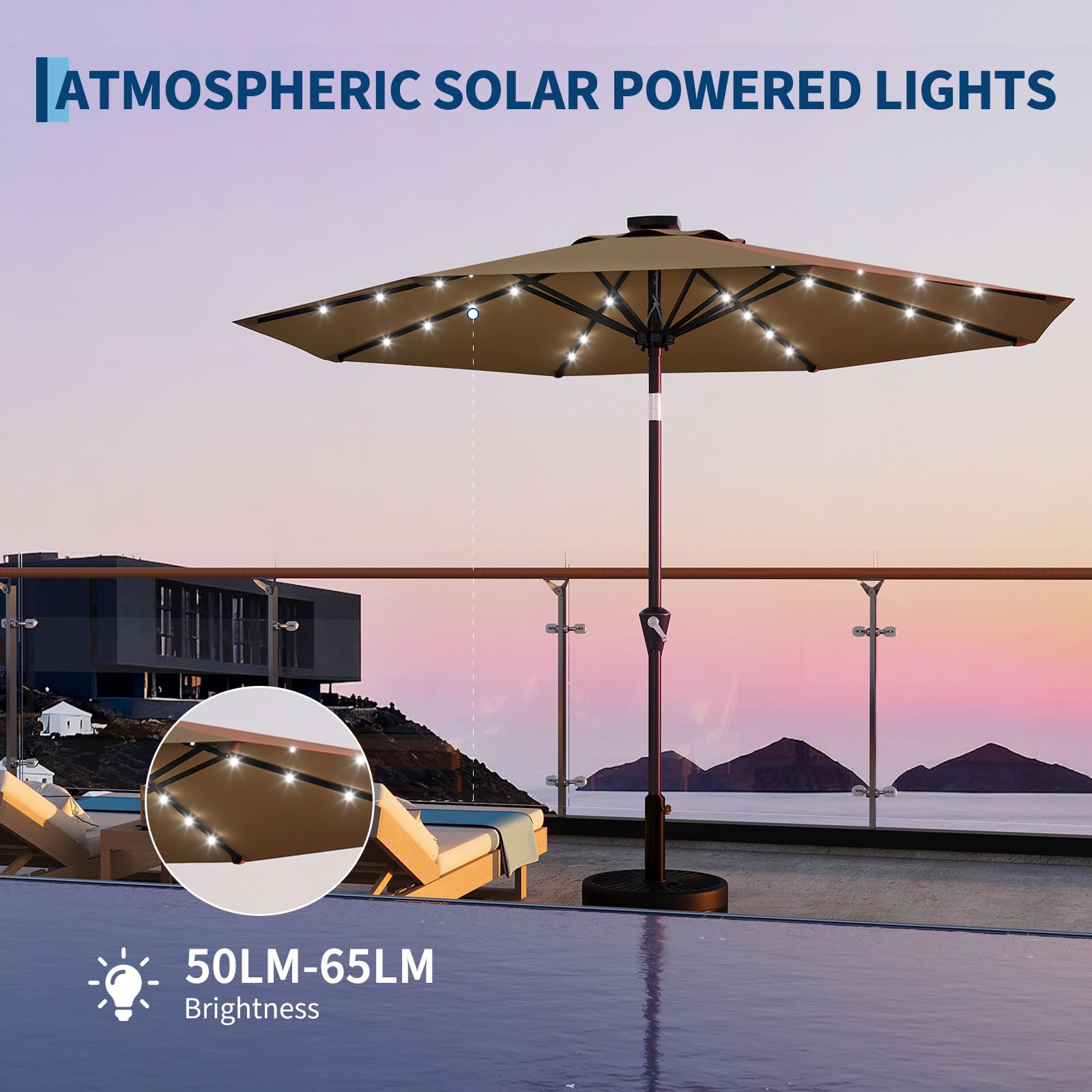 Garvee 10FT Solar Patio Umbrella with 32 LED Lights, UV-Resistant Waterproof Polyester Canopy, Crank Lift, Tilt, 8 Ribs, Vented for Garden Deck Pool Backyard Café, Euro 4 Khaki Garvee 10FT Solar Patio Umbrella with 32 LED Lights, UV-Resistant Waterproof Polyester Canopy, Crank Lift, Tilt, 8 Ribs, Vented for Garden Deck Pool Backyard Café, Euro 4 Khaki