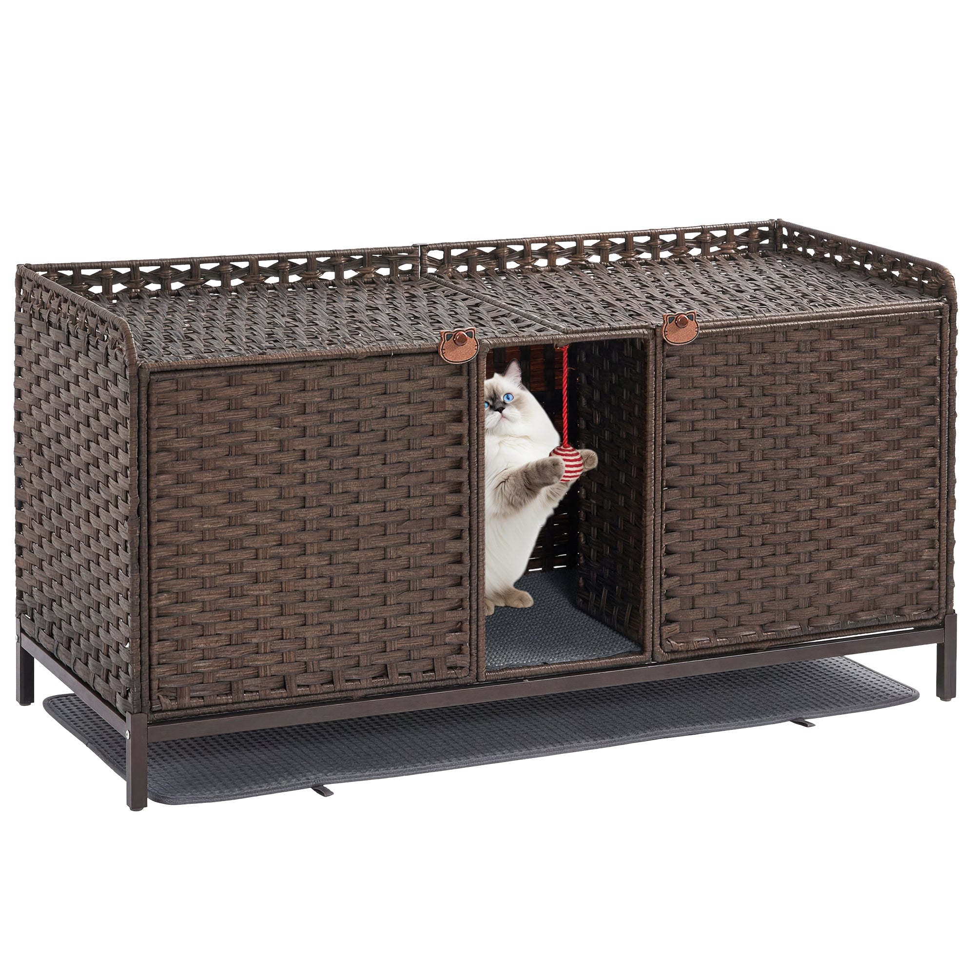 Garvee Double Cat Litter Box Enclosure Handwoven Rattan Dual Rooms Large  Waterproof Brown