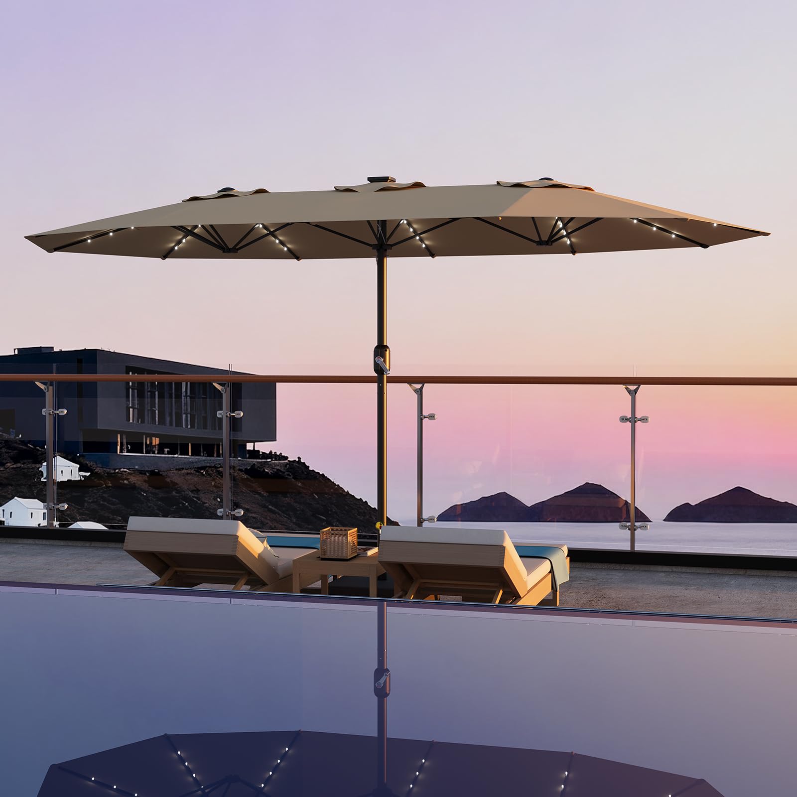 15ft patio umbrella with lights Garvee 15FT Double-Sided Patio Umbrella With 48 Solar LED Lights & Base, UV  Protection, Waterproof, Crank Handle, Large Outdoor Sun Shade, Khaki