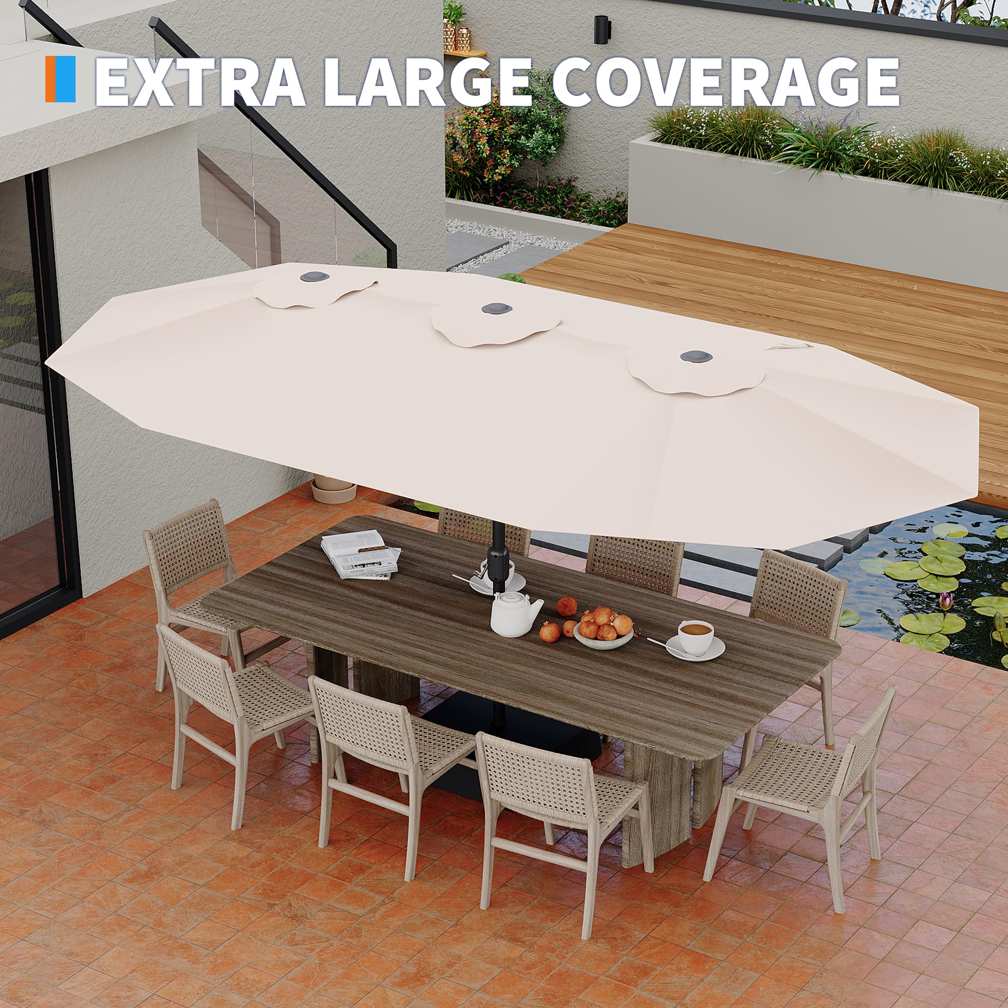 Garvee Oversized Double-Sided Shade 15FT Rectangular Patio Umbrella with  Base for Backyard Lawn Poolside Khaki