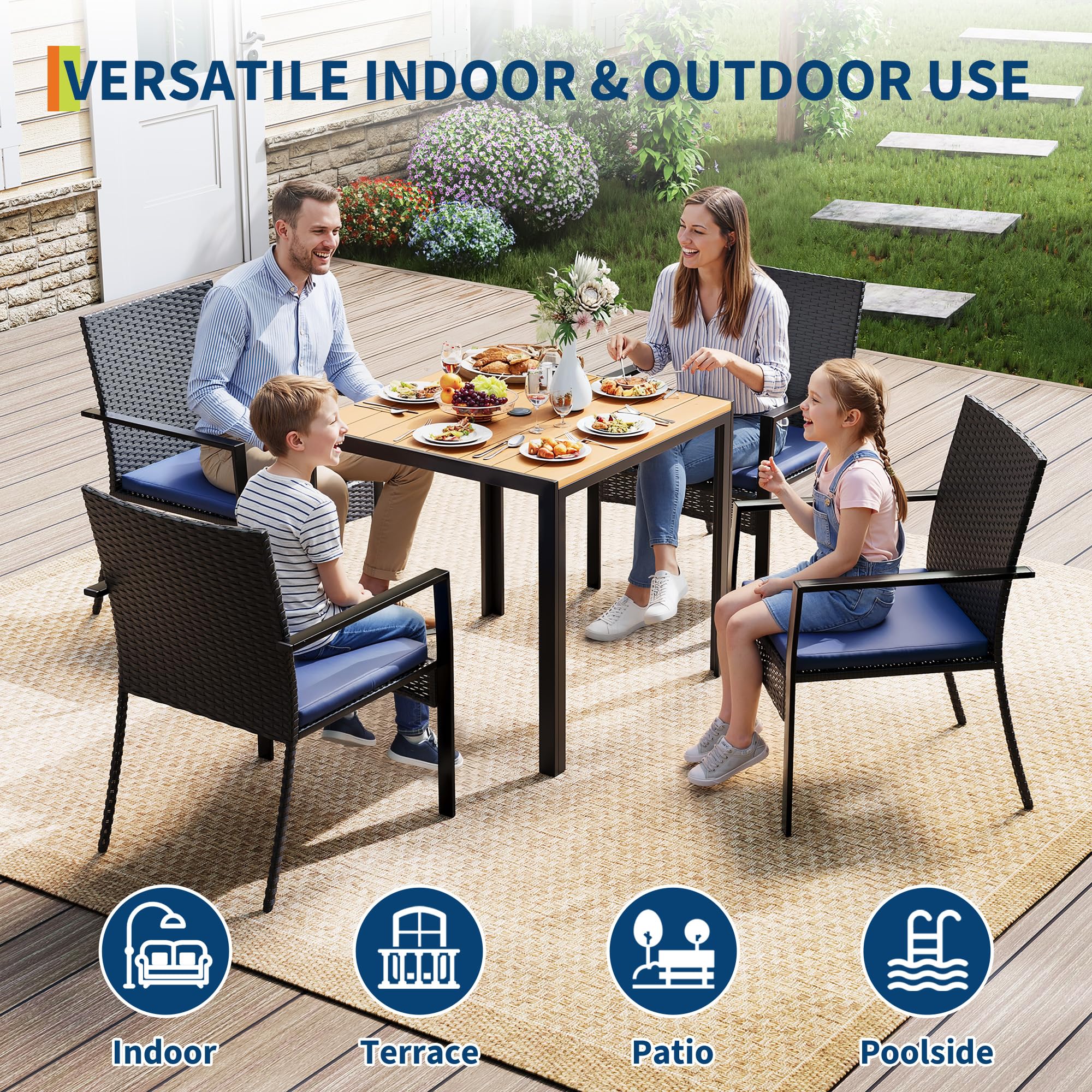 Garvee 5-Piece Wicker Patio Dining Set With Outdoor Table & Chairs, Umbrella  Hole, Blue Cushions, Ideal For Garden Deck Poolside, Black And Blue
