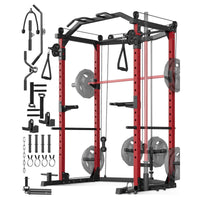 Garvee Power Cage Racks de puissance multifonctionnels avec système de croisement de câbles pour salle de sport à domicile 1600 LBS Rouge