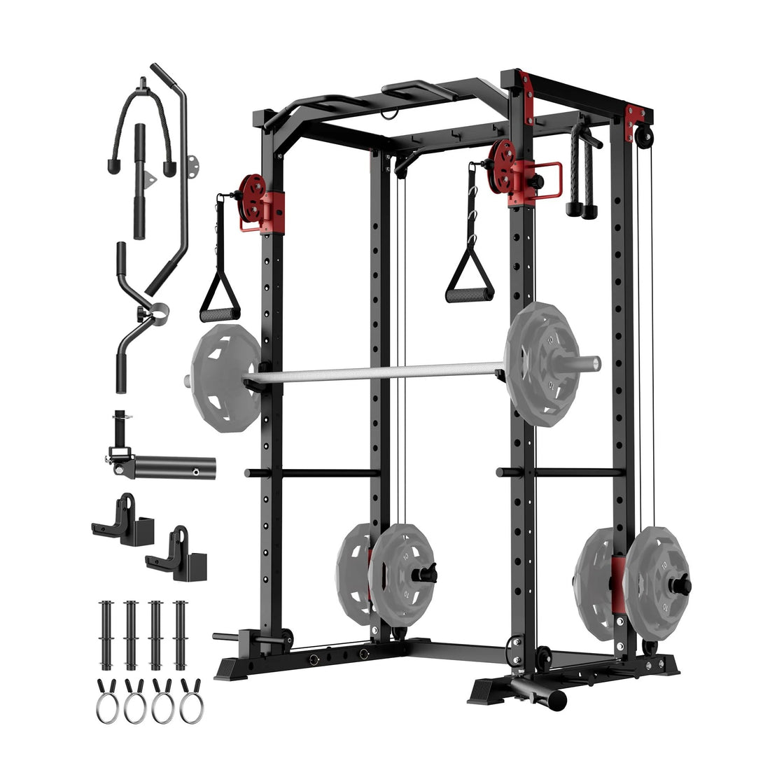 Garvee Power Cage Râteliers d'alimentation multifonctionnels avec systèmes à double poulie pour la maison, capacité de 1200 lb, rouge