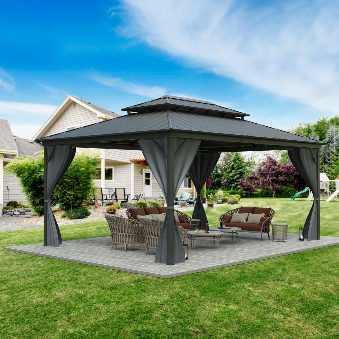Garvee Gazebo à toit rigide 12'x16' Double toit en métal Cadre en aluminium Gris pour Terrasse, Jardin, Pelouse