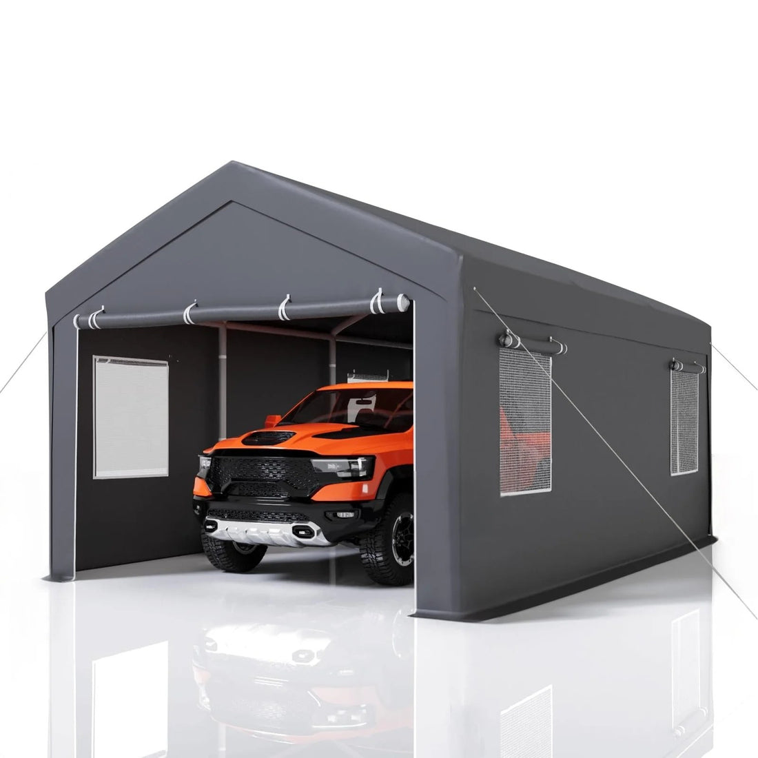 Garvee 10x20 Ft Portable Garage With 200g PE Tarp Cover, Front & Rear Roll-Up Doors, 4 Windows, Gray - Car Port For Boats, Pickups, Events