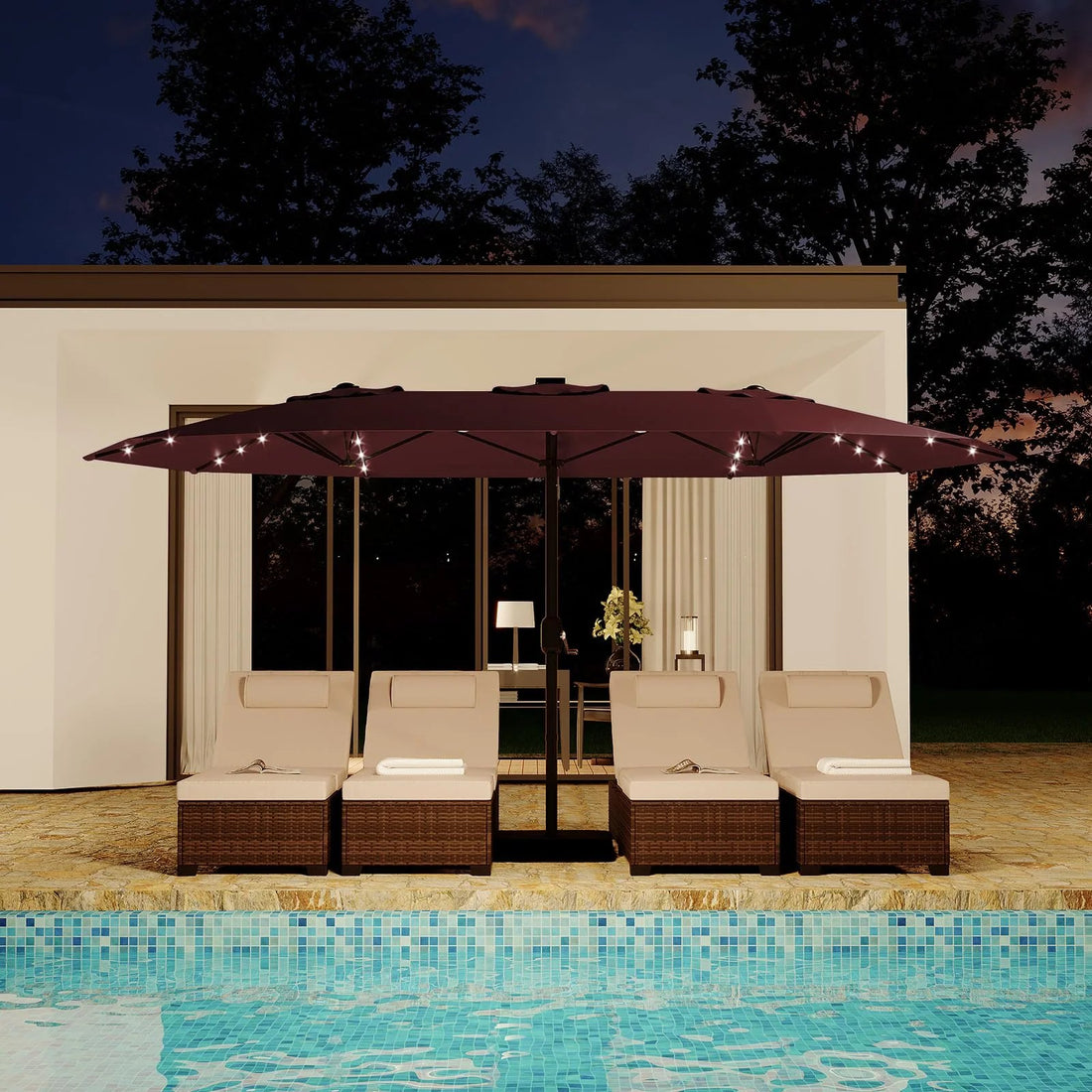 Parasol de terrasse Garvee de 4,5 m à énergie solaire avec 36 lumières DEL, conception double face et base croisée pour la piscine, la terrasse, la cour arrière, Rouge vin
