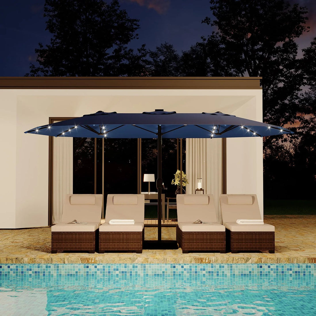 Garvee 15FT Double-Sided Patio Umbrella with 36 Solar LED Lights – Heavy-Duty Rectangular Outdoor Market Parasol – Fade-Resistant Canopy – With Base – Perfect for Garden, Pool, Backyard, or Deck – Navy Blue