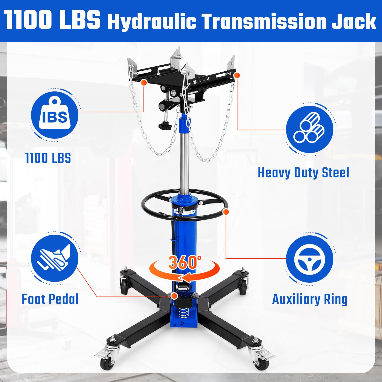 Garvee Transmission Jack, 1100 LBS Capacity Adjustable Hydraulic Telescopic Transmission Jack, 33"-69" High Lift and 360° Swivel Wheel, Garage/Shop Lift Hoist