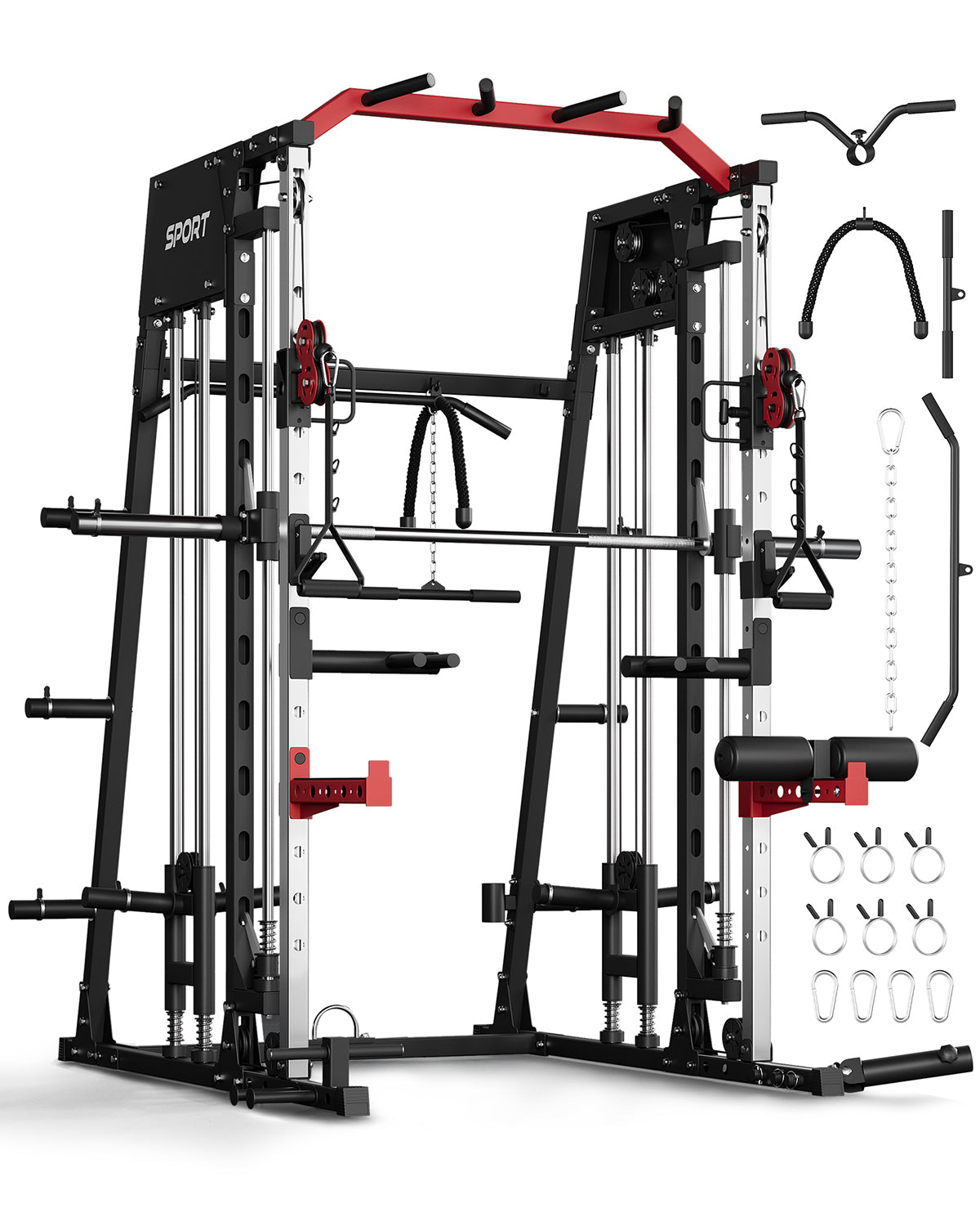 Garvee Smith Machine All-in-One Power Cage with LAT Pull-Down Cable Crossover Squat Rack Weight Bar Adjustable Height 2mm Steel
