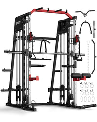 Garvee Smith Machine All-in-One Power Cage with LAT Pull-Down Cable Crossover Squat Rack Weight Bar Adjustable Height 2mm Steel