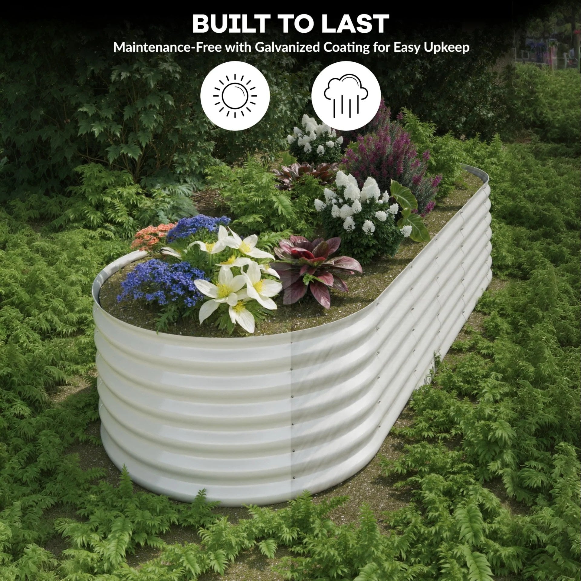 Beige galvanized raised garden bed with sturdy corrugated metal panels