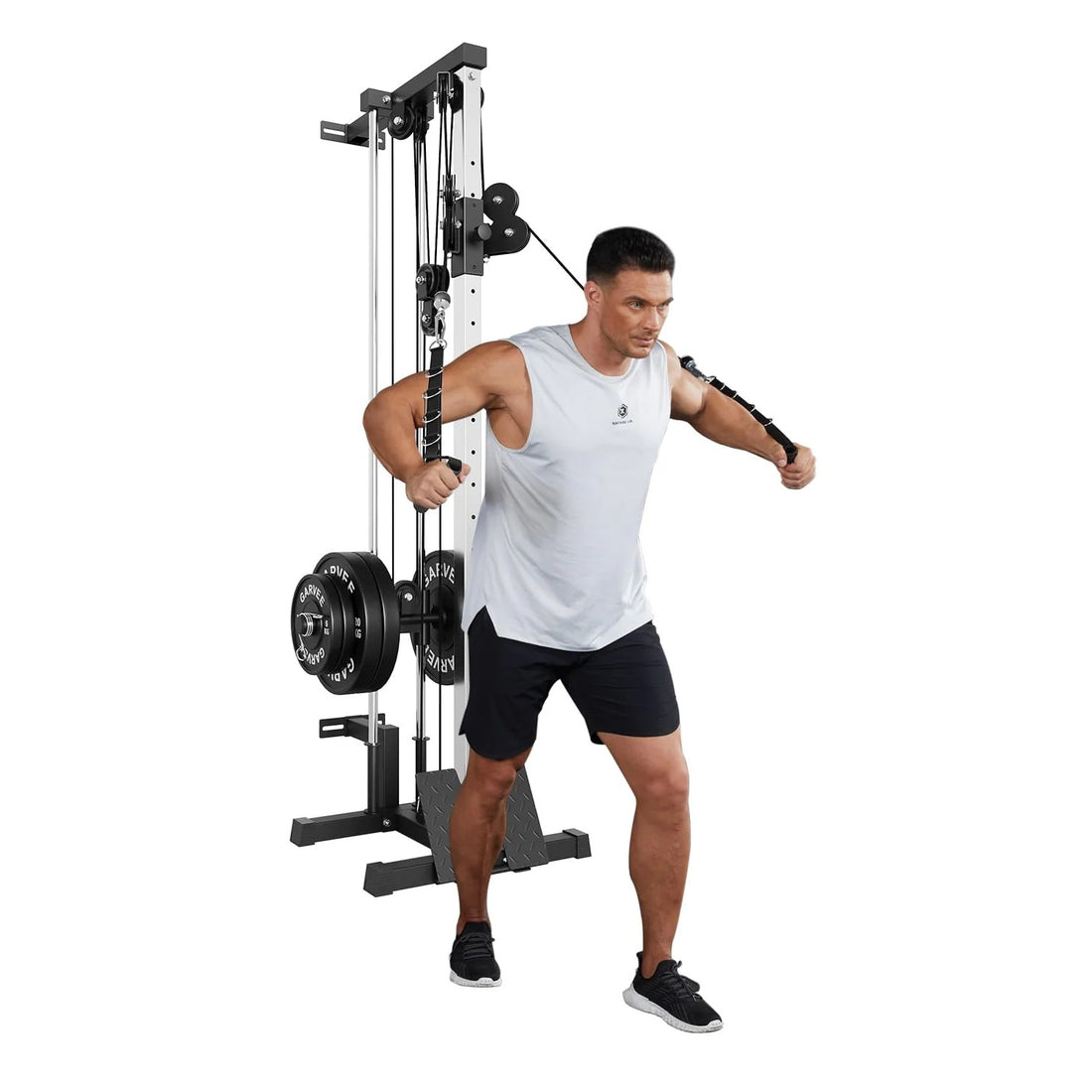 Garvee Wall Mount Cable Machine with 19 Positions Dual Pulley System, Adjustable Footplate for Home Gym, 27.2"x18.1"x81.9", Black