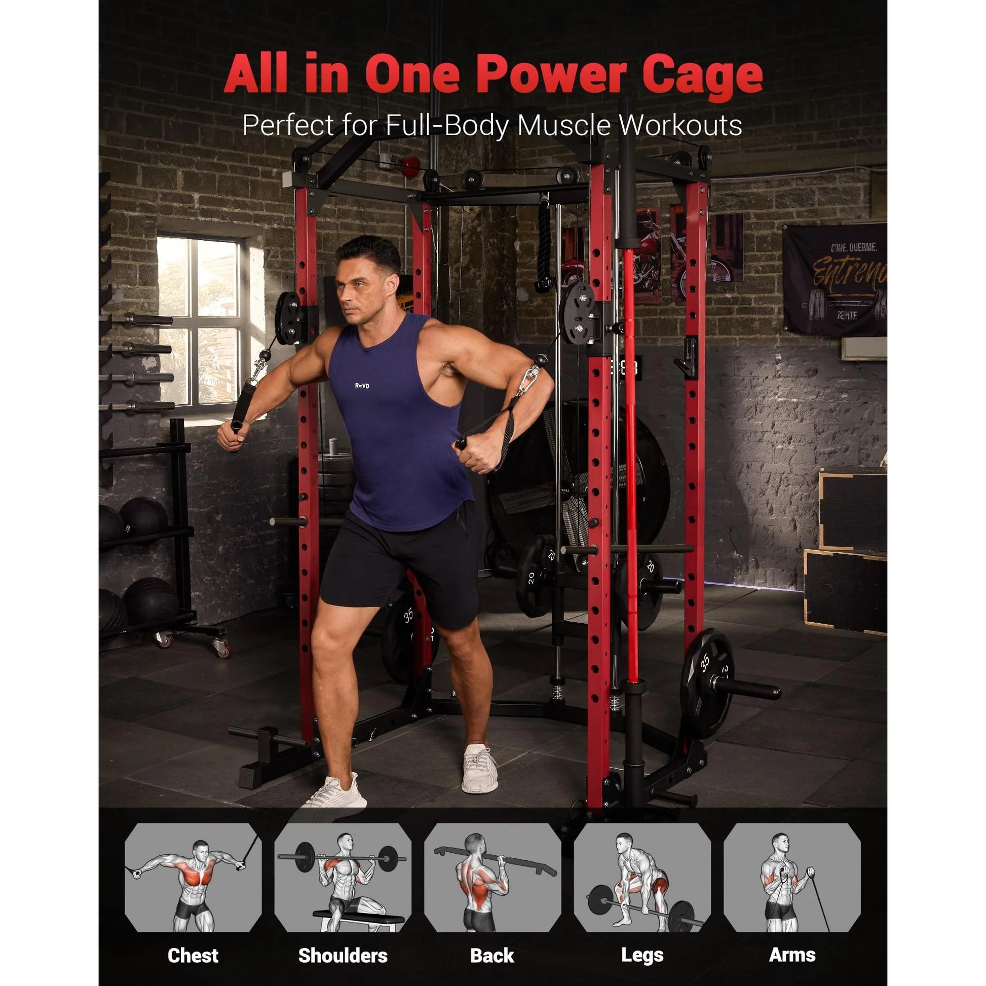 Garvee Power Cage Racks de puissance multifonctionnels avec système de croisement de câbles pour salle de sport à domicile 1600 LBS Rouge