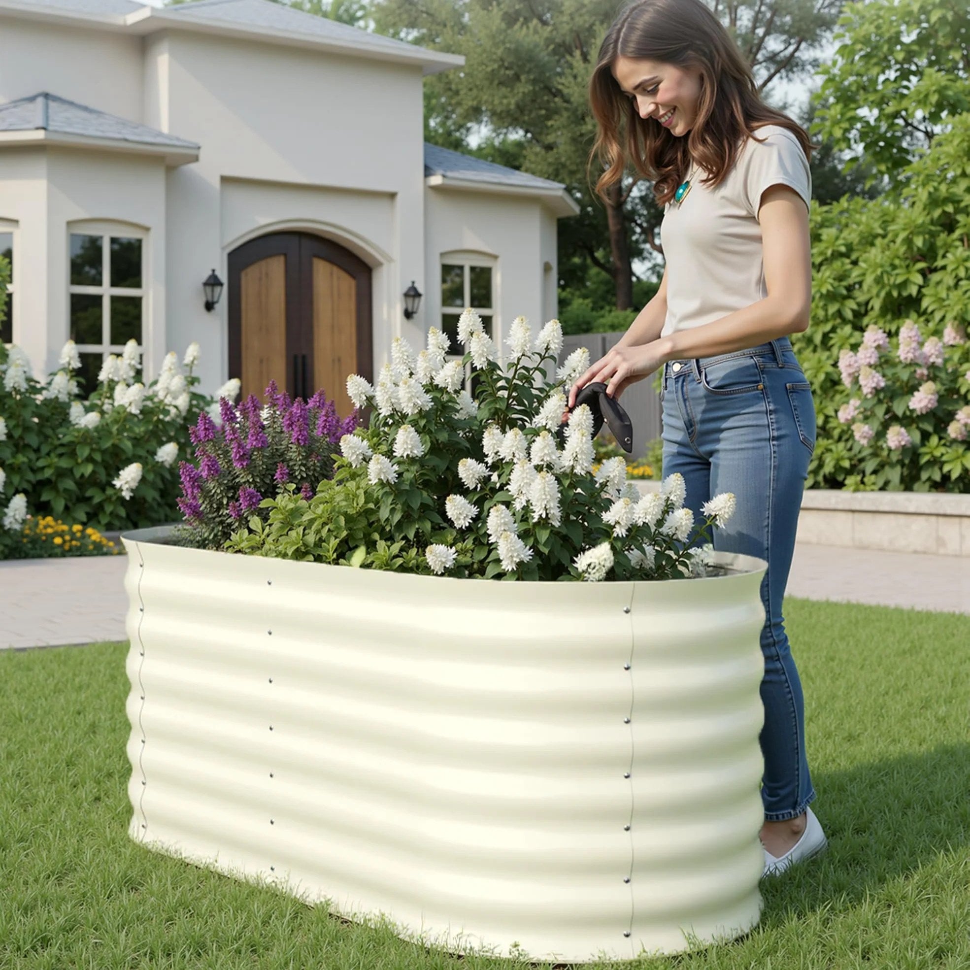 Beige raised garden bed at 2 foot height for comfortable plant care