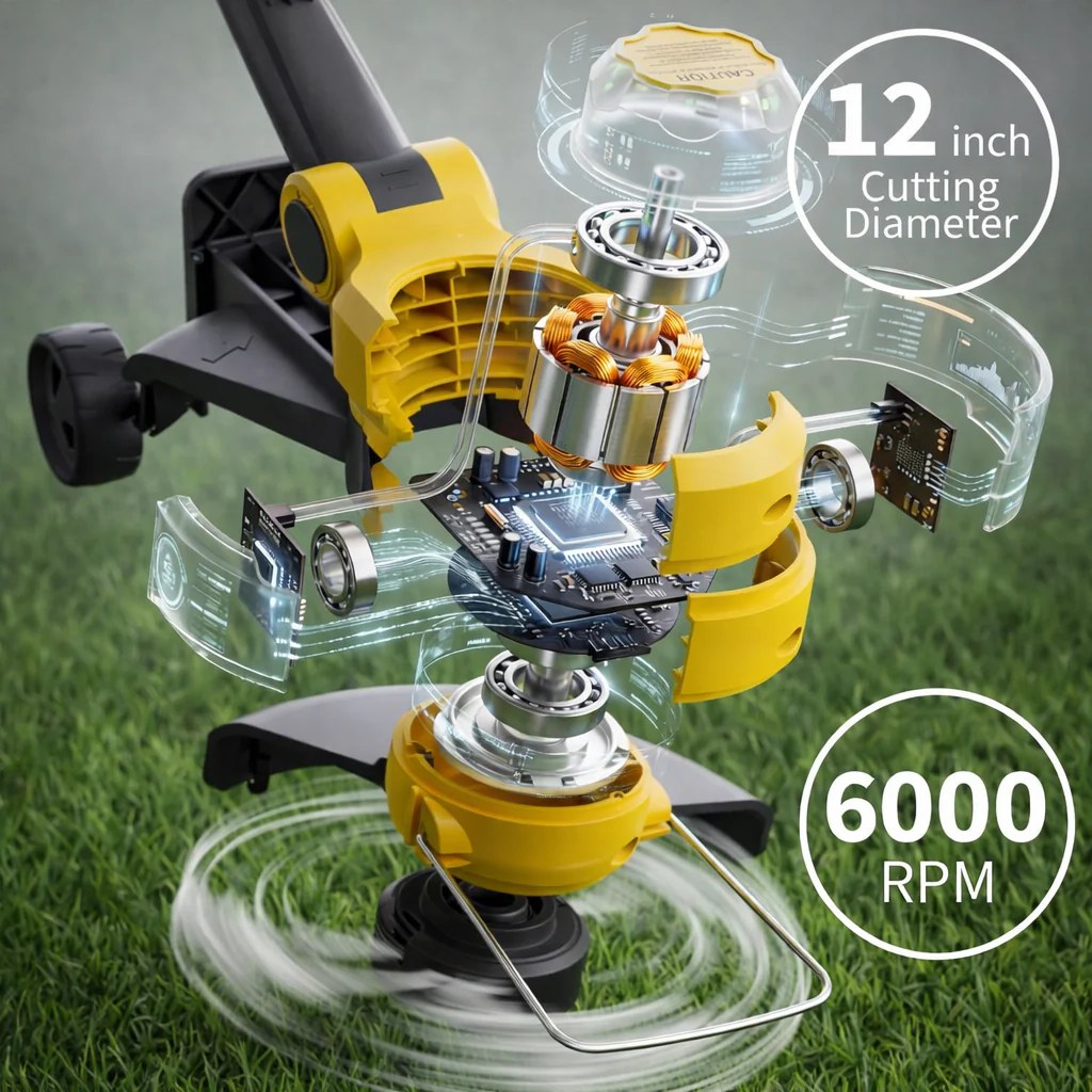 Yellow grass trimmer cutting head with 12 inch cutting diameter and 6000 RPM motor