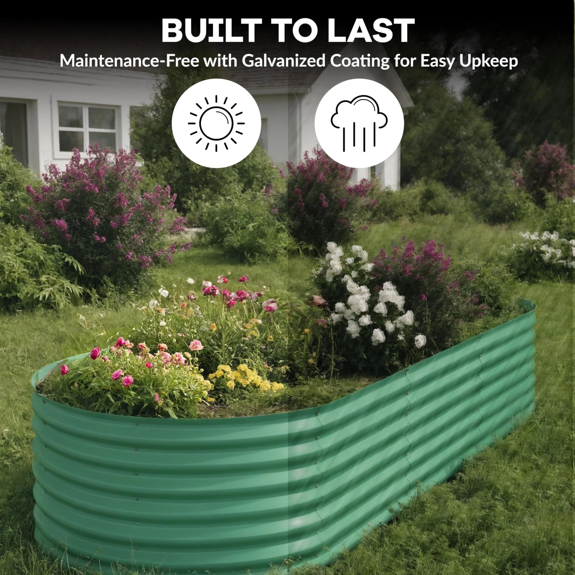 Green galvanized raised garden bed with durable corrugated metal construction