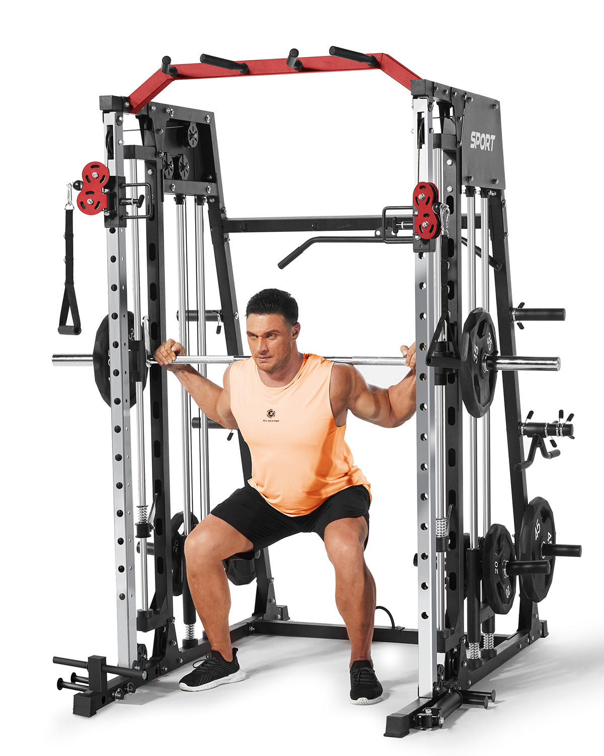Garvee Smith Machine All-in-One Power Cage with LAT Pull-Down Cable Crossover Squat Rack Weight Bar Adjustable Height 2mm Steel