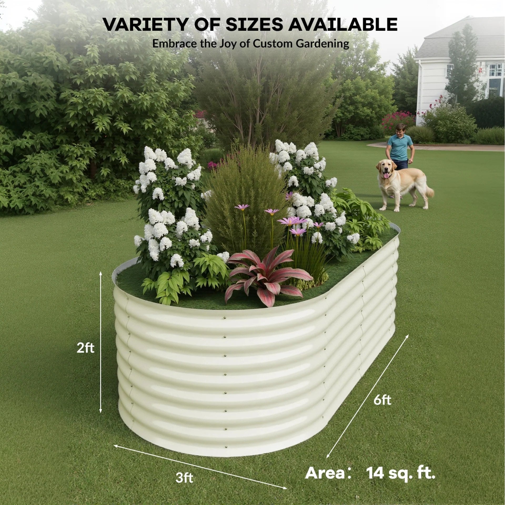 Beige raised garden bed with 6 foot by 3 foot by 2 foot dimensions