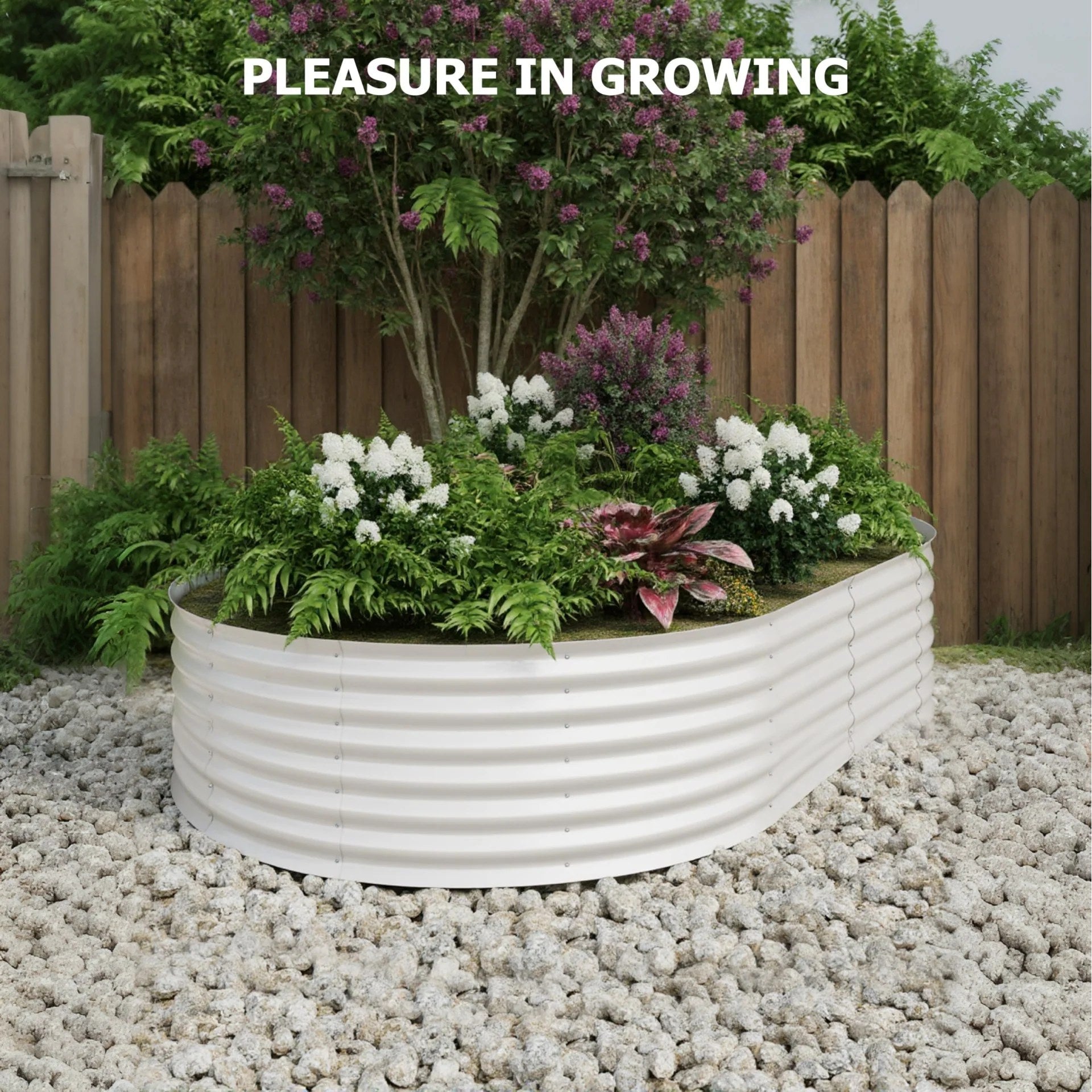 Beige galvanized raised garden bed used for outdoor vegetable and flower planting