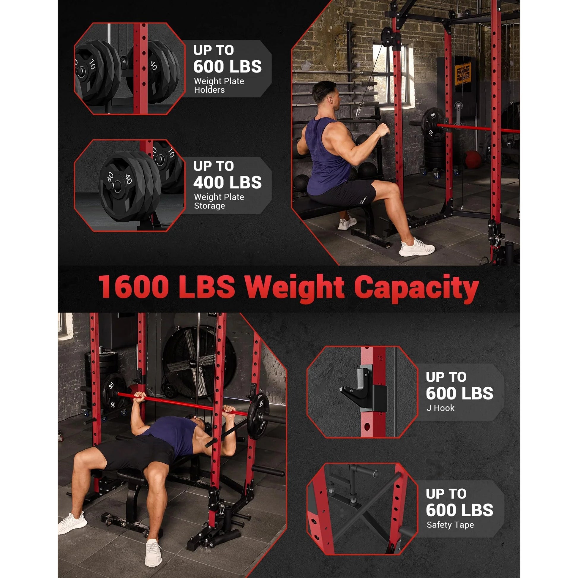 Garvee Power Cage Racks de puissance multifonctionnels avec système de croisement de câbles pour salle de sport à domicile 1600 LBS Rouge
