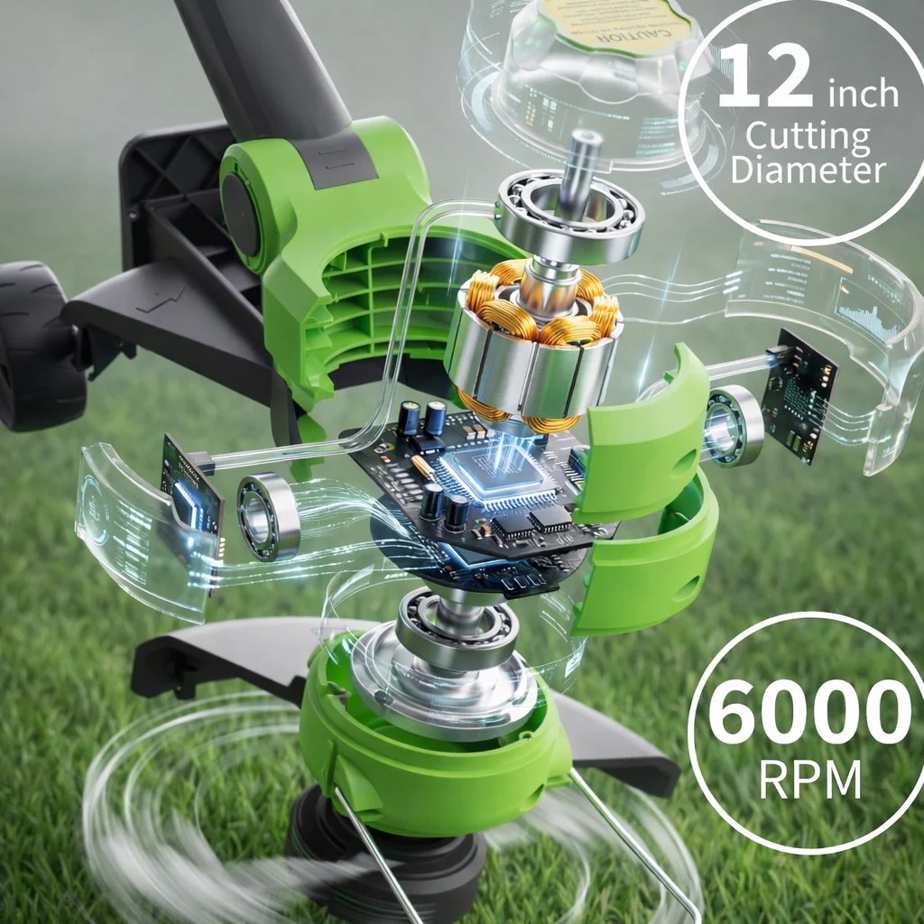 Green grass trimmer 12 inch cutting diameter and 6000 RPM motor image