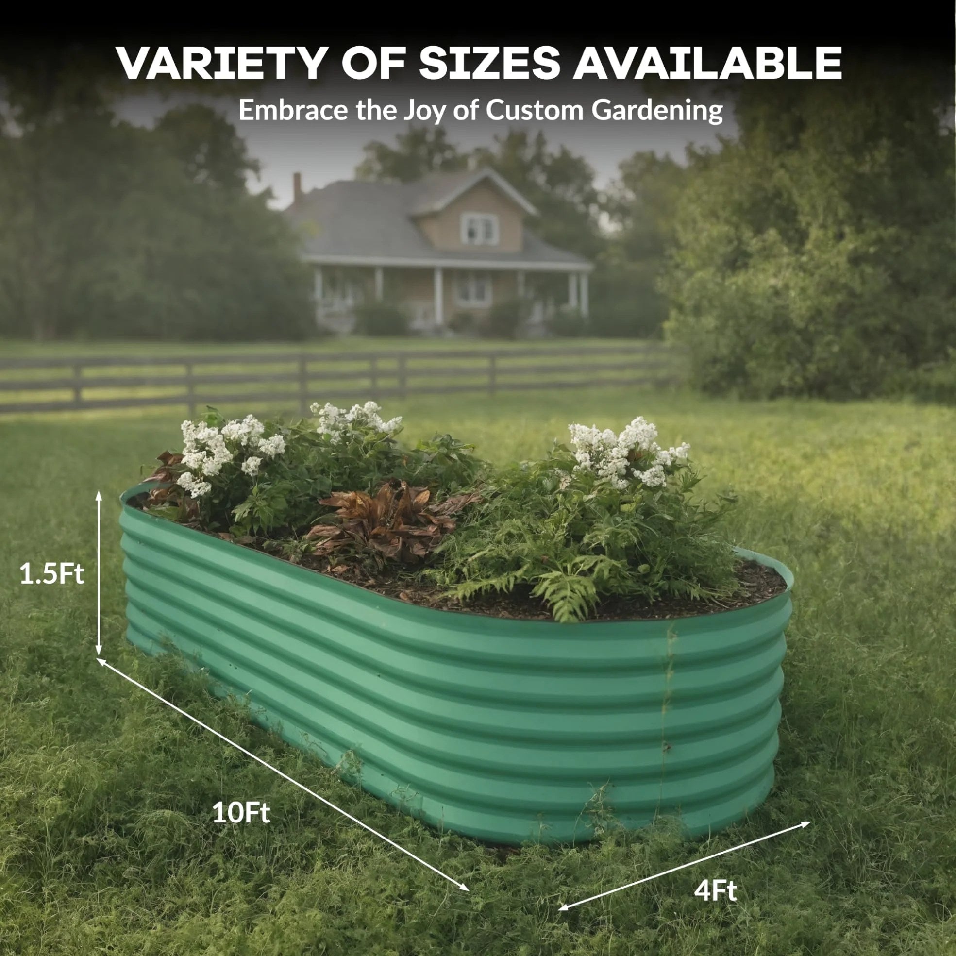Green raised garden bed with 10 foot by 4 foot by 1.5 foot dimensions