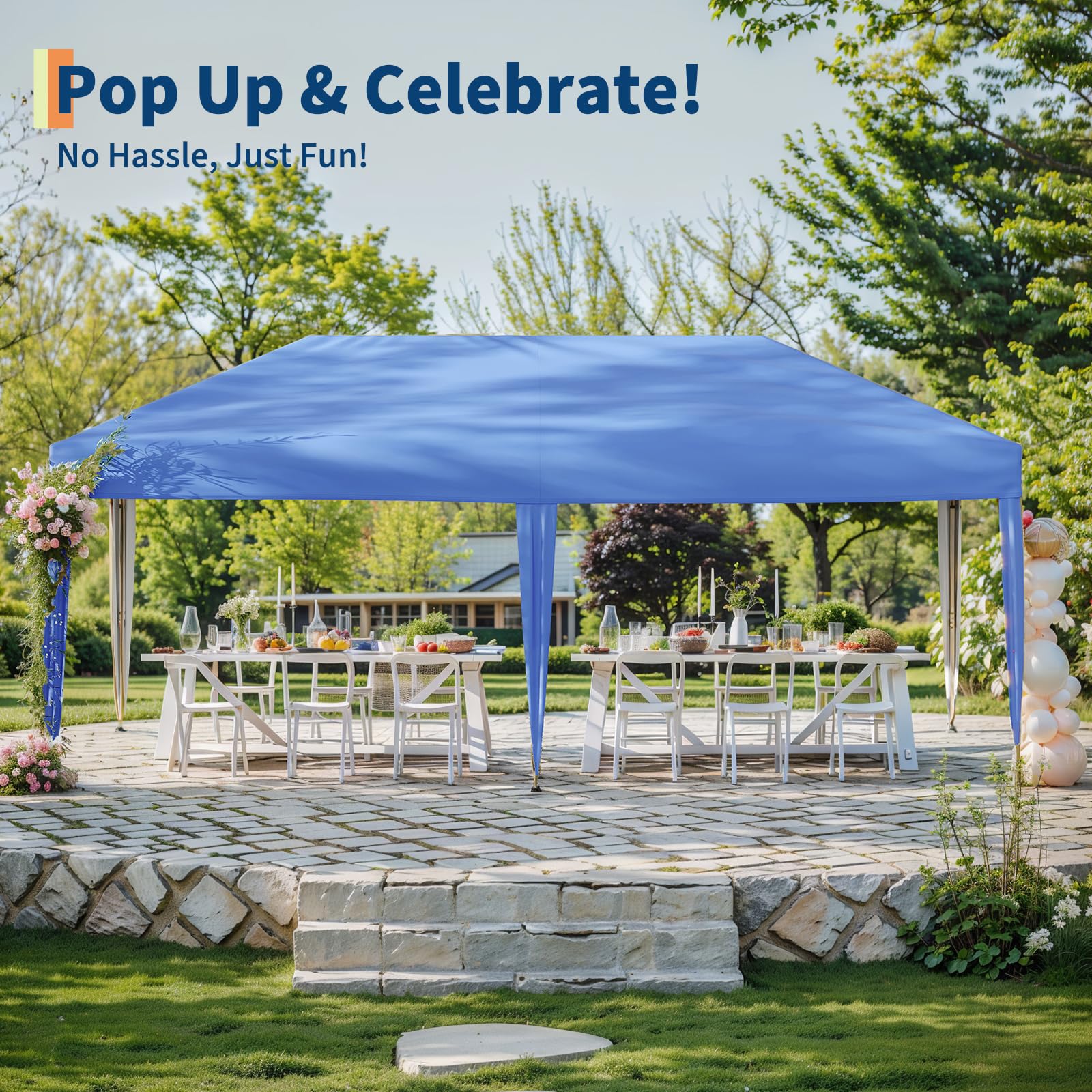 Garvee 10' X 20' Pop up Canopy Tent with 210 D Oxford Fabric, Portable Instant Commercial Canopy Including 12 Stakes 6 Sandbags for Farmers' Market, Wedding Event, Outdoor Camping-Blue