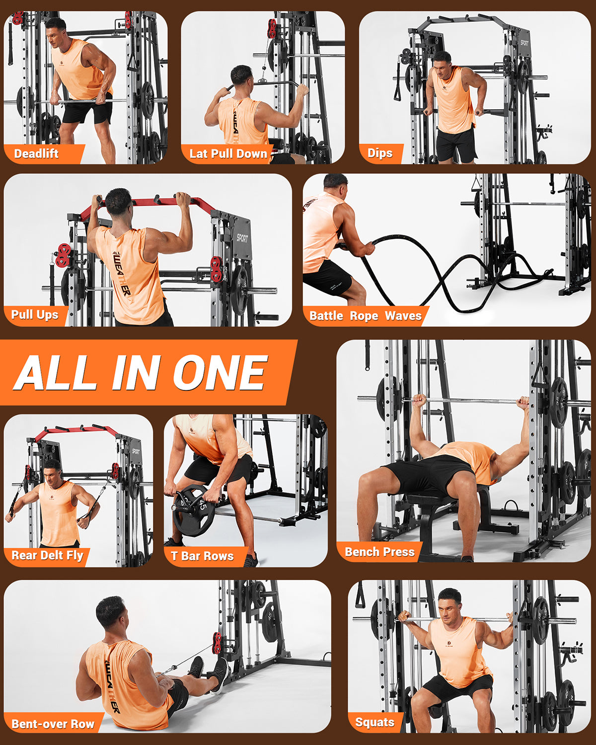 Garvee Smith Machine All-in-One Power Cage with LAT Pull-Down Cable Crossover Squat Rack Weight Bar Adjustable Height 2mm Steel