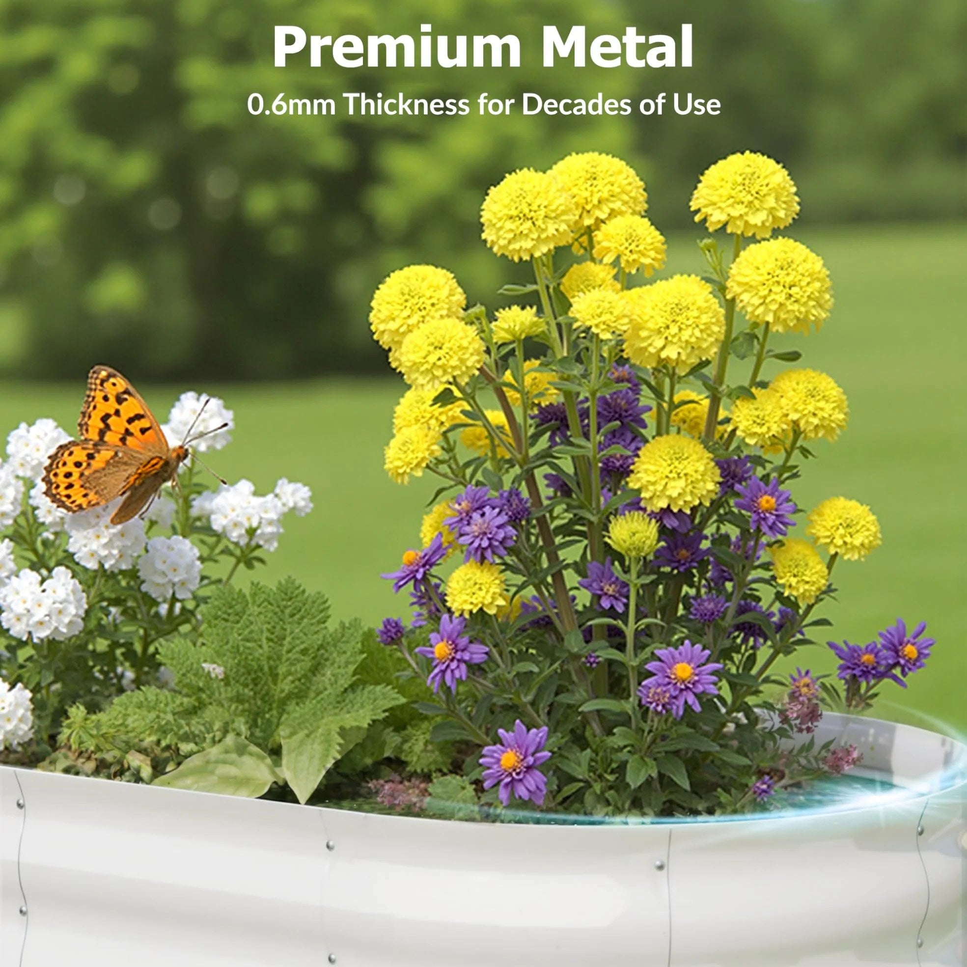 Beige galvanized steel raised garden bed with reinforced corrugated side walls