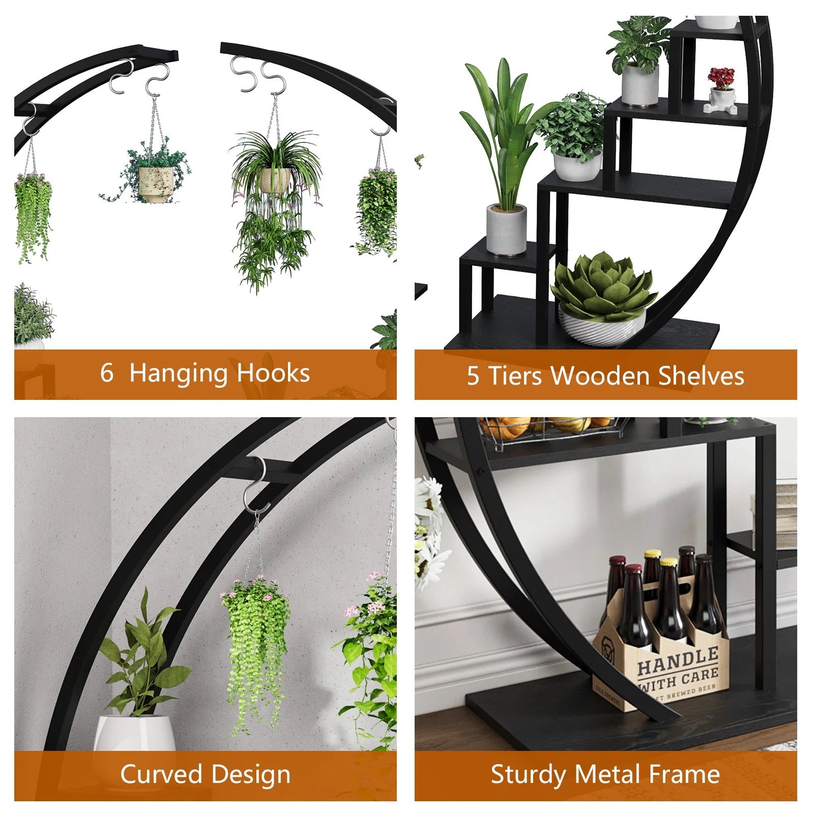 5-tier plant stand with hanging hooks and tiered shelves