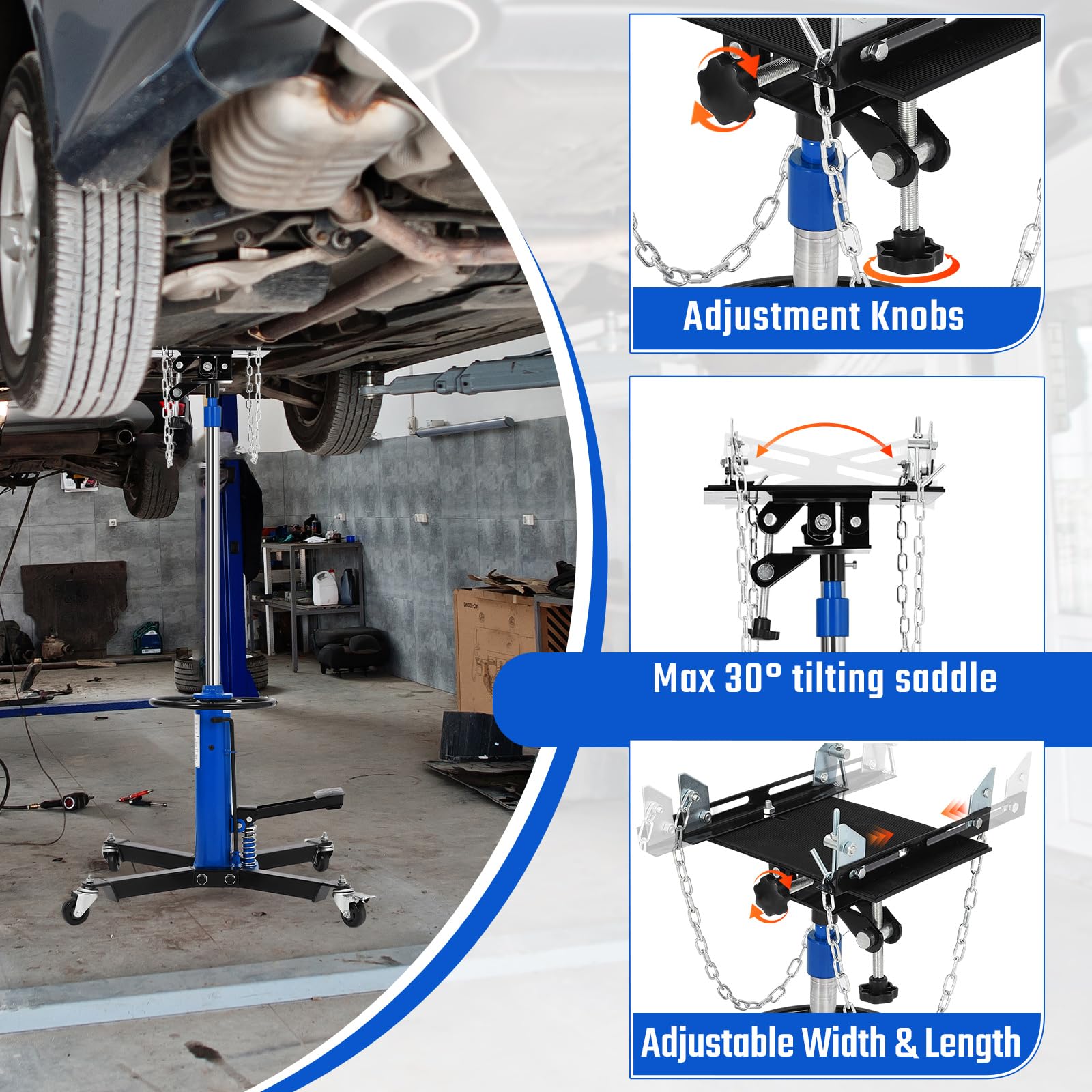 Garvee Transmission Jack, 1100 LBS Capacity Adjustable Hydraulic Telescopic Transmission Jack, 33"-69" High Lift and 360° Swivel Wheel, Garage/Shop Lift Hoist