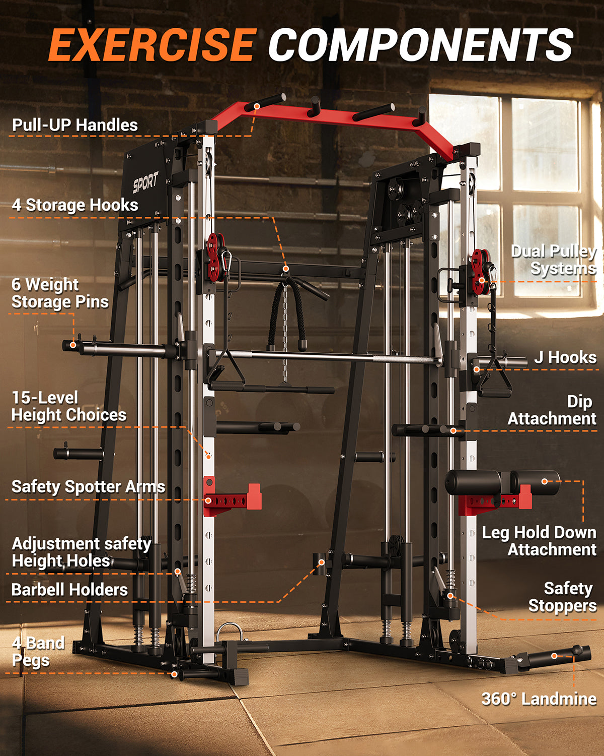 Garvee Smith Machine All-in-One Power Cage with LAT Pull-Down Cable Crossover Squat Rack Weight Bar Adjustable Height 2mm Steel