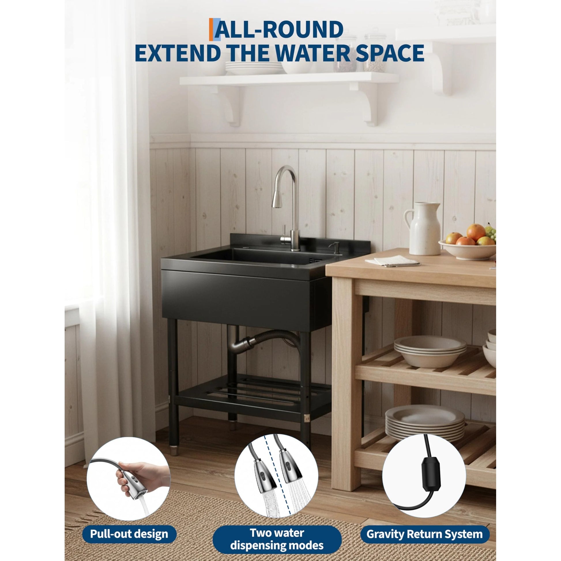 Garvee Stainless Steel Utility Sink with 360° Pull-Out Faucet for Garage Kitchen Bathroom Basement 25.7"x20.7"x39.5" Black