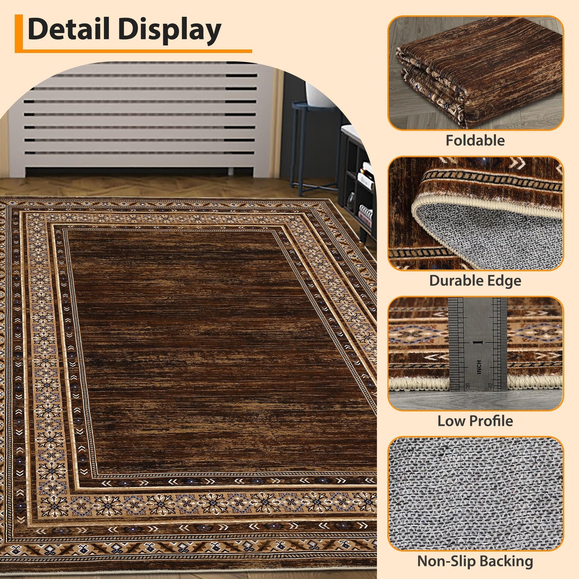 Garvee Modern Washable Rugs 5x7 Soft Non Slip Living Room Rugs Ultra Thin Low Pile Large Bedroom Carpet Red Brown