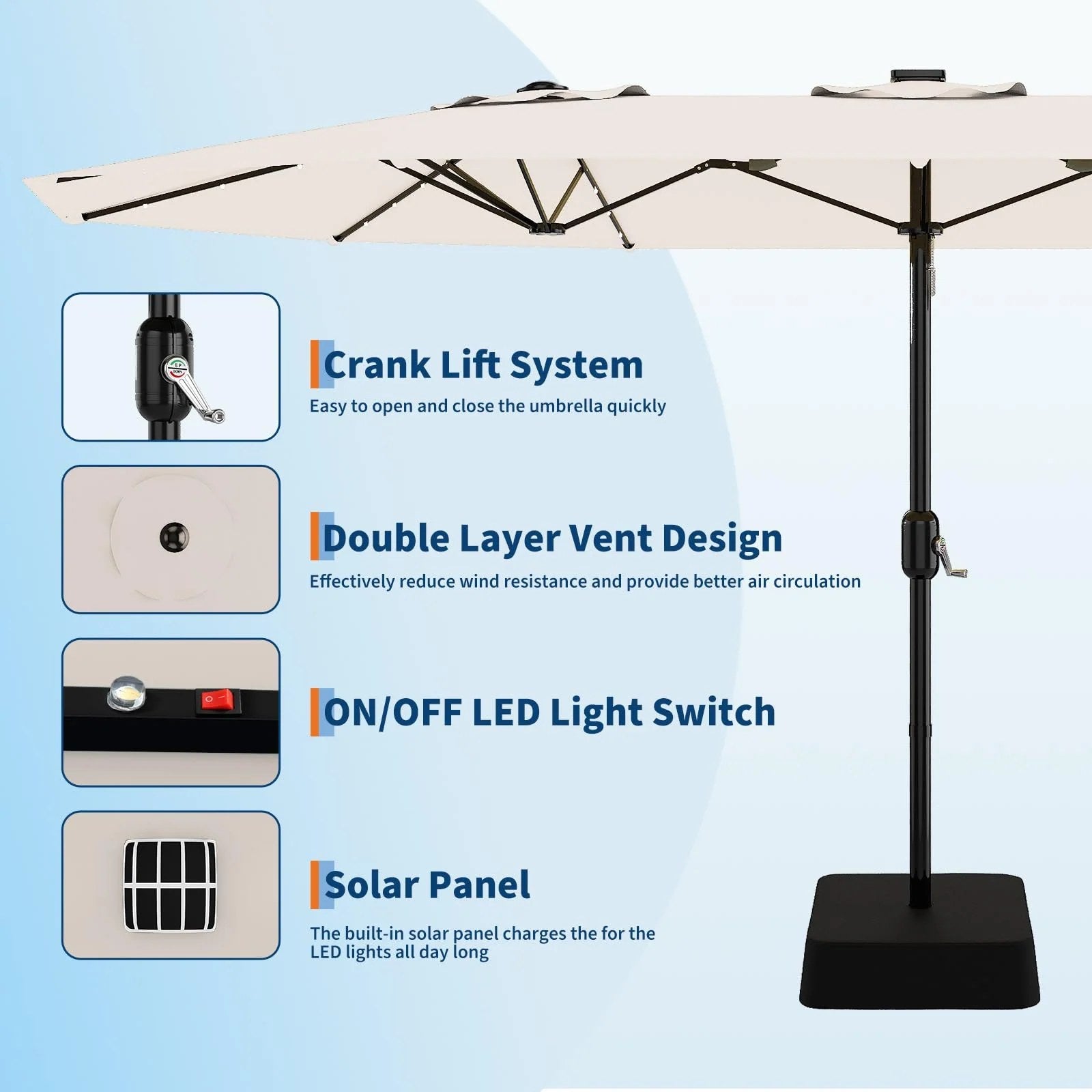 Garvee 15FT Double-Sided Patio Umbrella with 36 Solar-Powered LED Lights – Heavy-Duty Rectangular Outdoor Sun Shade – Fade-Resistant Canopy – With Base – For Pool, Garden, Backyard, Deck – Beige