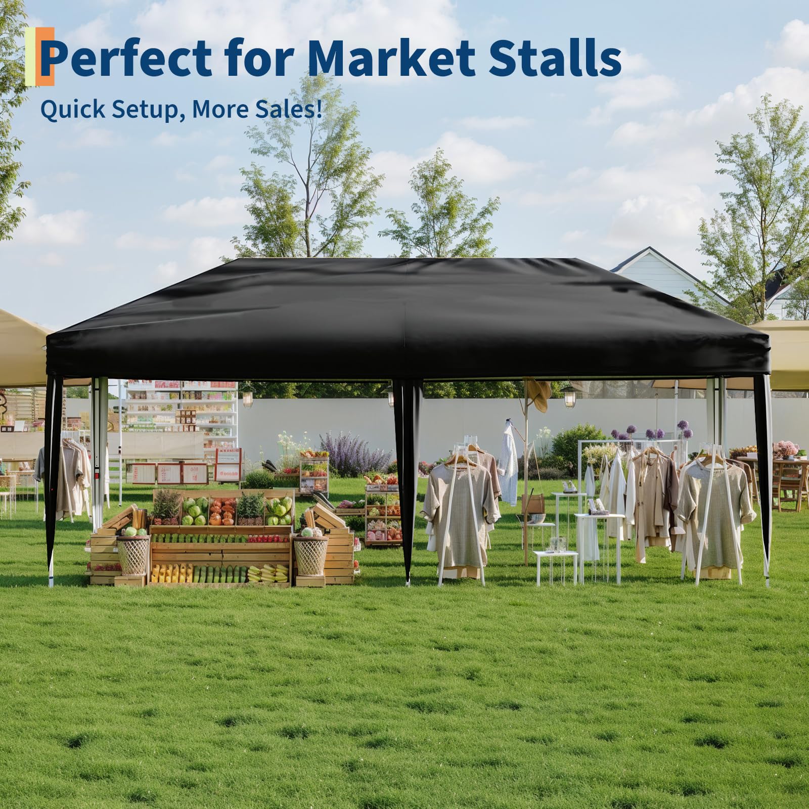 Garvee 10'x 20' Pop up Canopy Tent with 210 D Oxford Fabric, Portable Instant Commercial Canopy Including 12 Stakes 6 Sandbags for Farmers' Market, Wedding Event, Outdoor Camping, Black