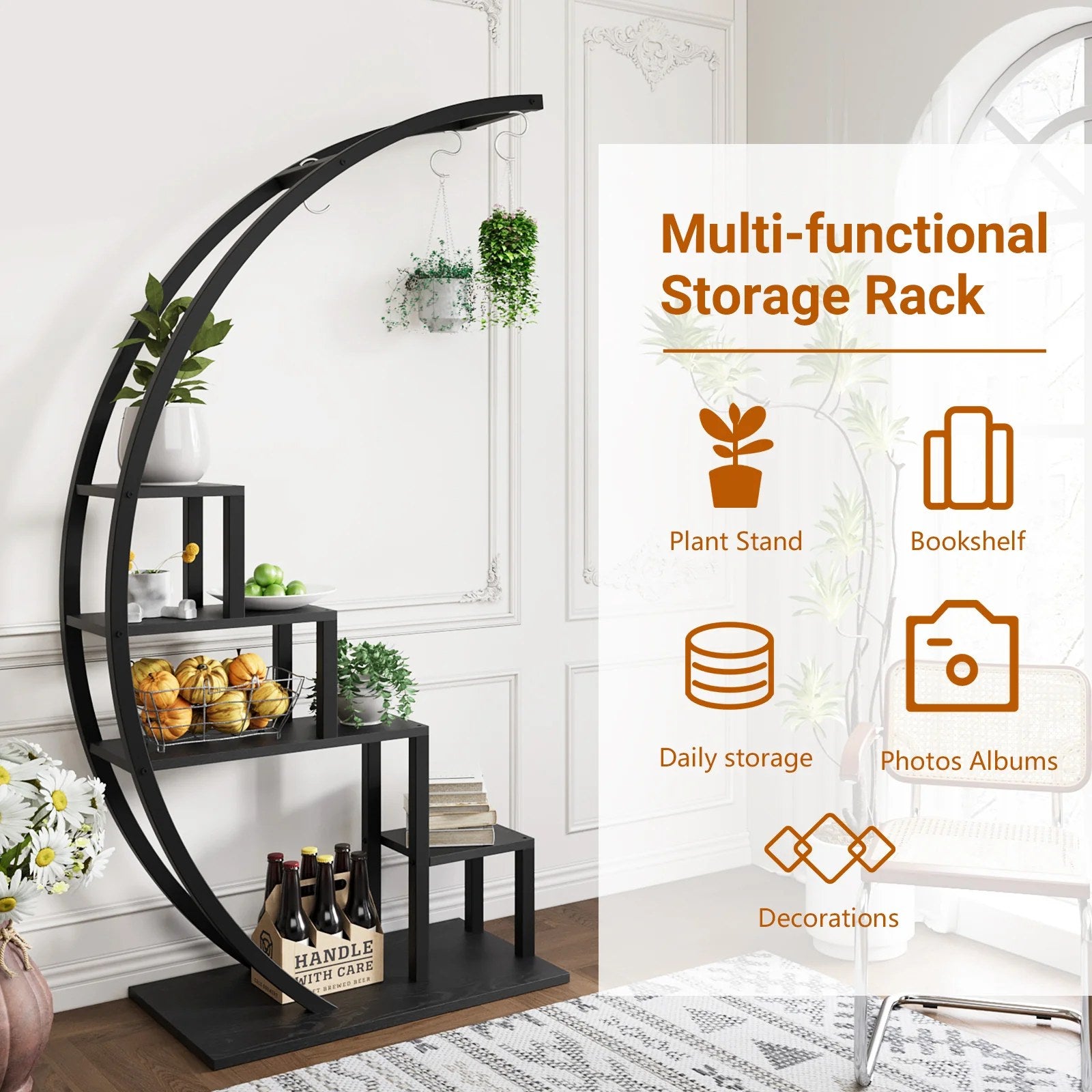 curved half-moon plant stand used as a multifunctional storage rack