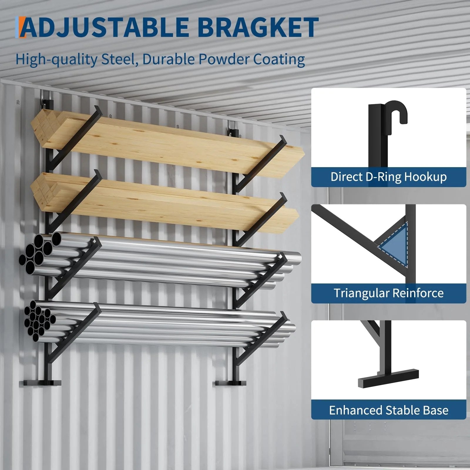 Garvee Lot de 2 supports d'étagère pour conteneur d'expédition, étagères robustes à 4 niveaux, installation sans perçage, capacité de 181 kg, noir