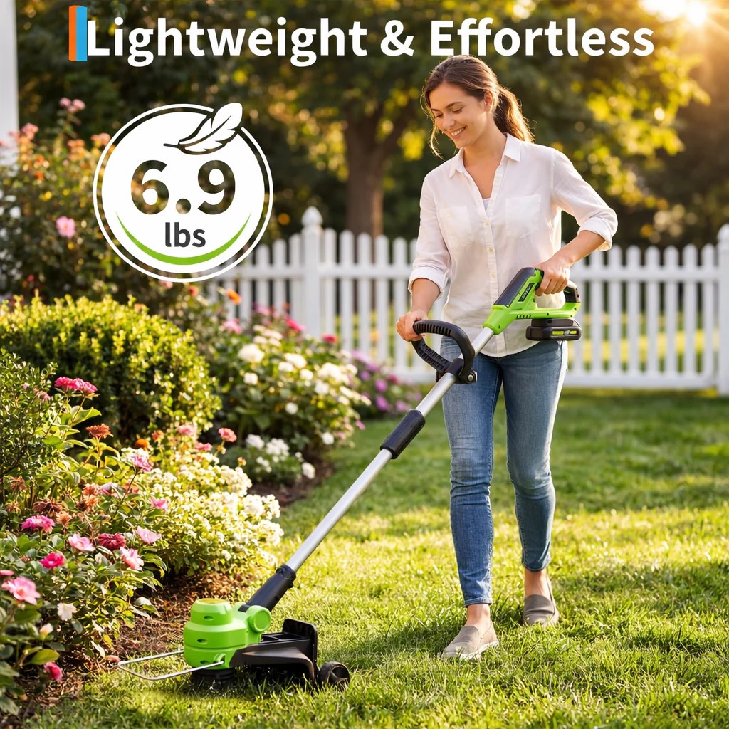 Green cordless grass trimmer lightweight and effortless handling image