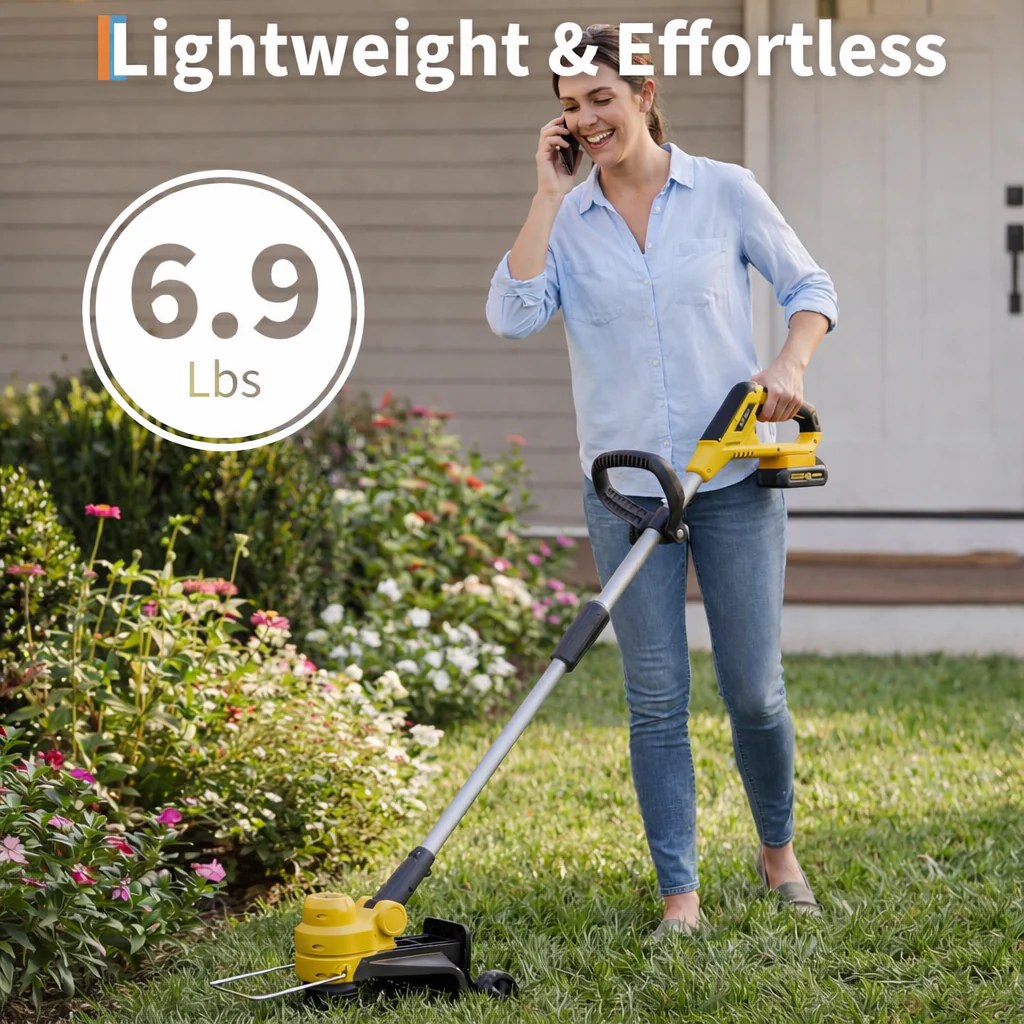 Yellow cordless grass trimmer with lightweight 6.9 lbs handling for lawn care